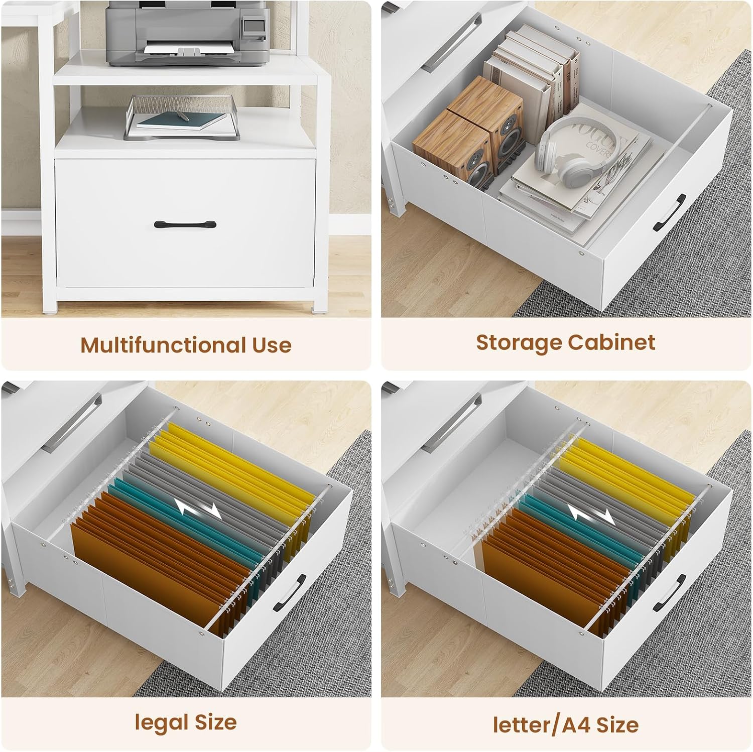 SEDETA White Computer Desk with 5 Drawer & Power Outlet, 66'' Home Office Desk with File Drawer, Storage Shelves, Printer Cabinet and Monitor Shelf, Gaming Desk with Led Lights