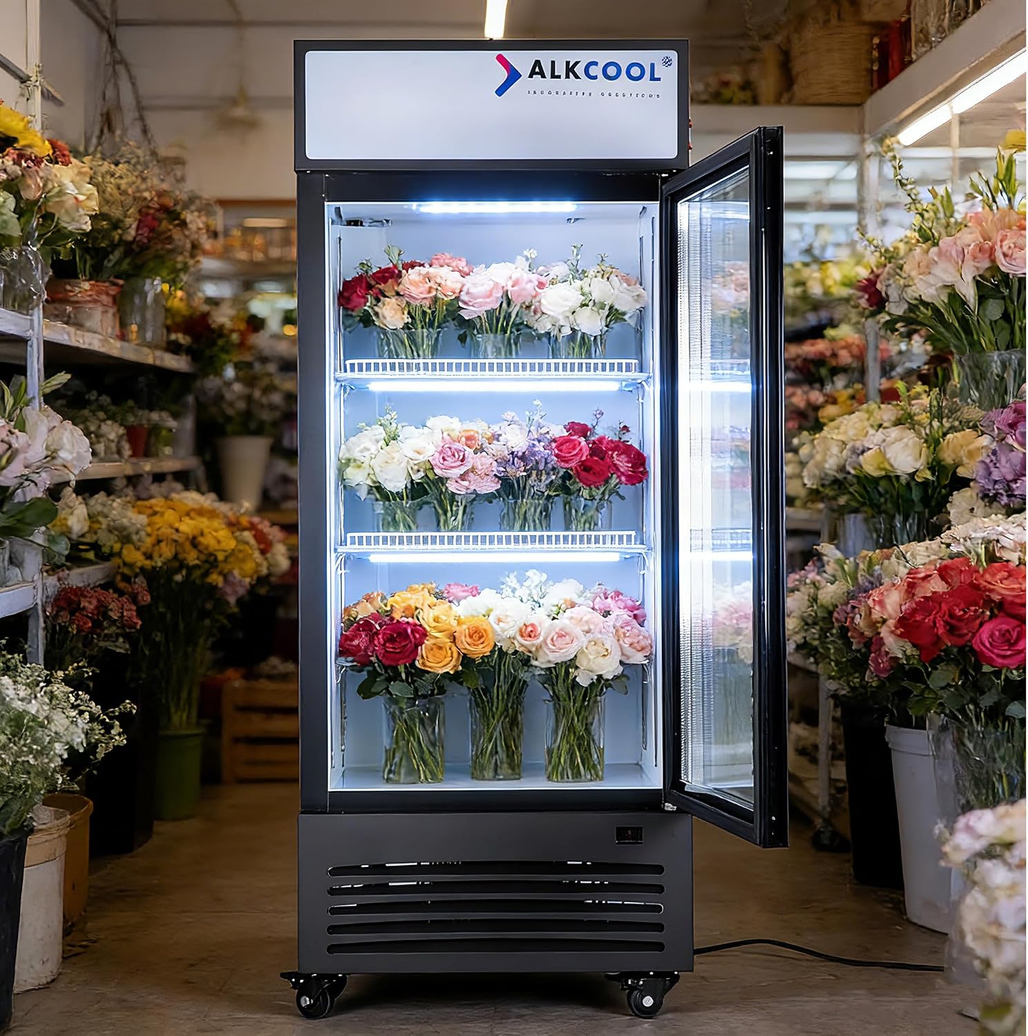 Commercial Flower Beverage Refrigerator Floral Display Fridge,Glass Door Drink Cooler with LED Light Adjustable Shelves,ETL Sanitation,Wheels Included,16.5Cu Ft,68.9''High