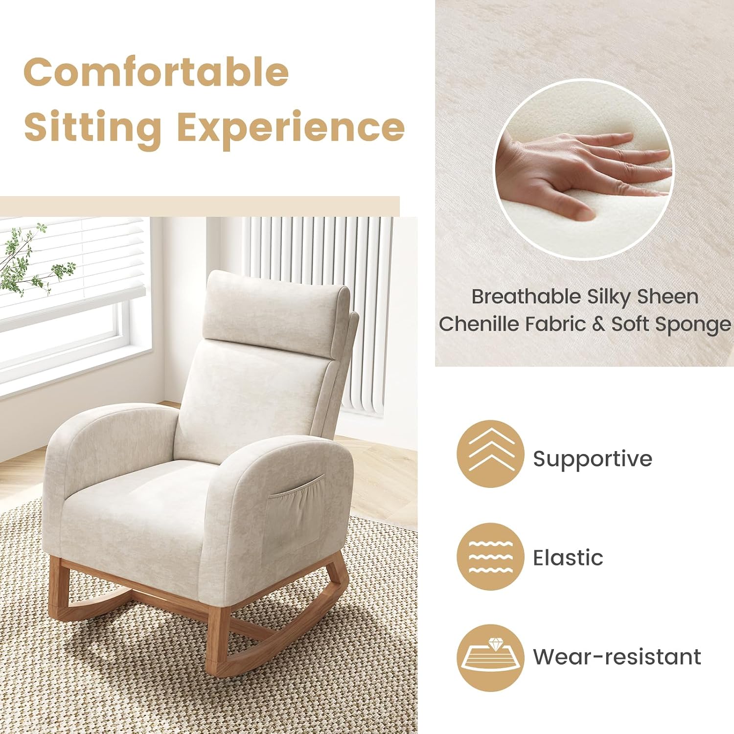 Giantex Rocking Chair Nursery, Upholstered Chenille Rocker Chair w/Side Pocket, Natural Rubber Wood Frame, High Back, Modern Nursery Glider Armchair for Living Room, Bedroom