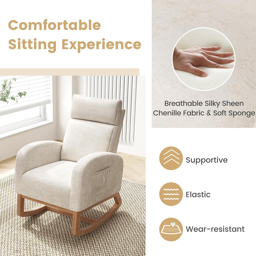 Giantex Rocking Chair Nursery Set of 2, Upholstered Chenille Rocker Chair w/Side Pocket, Natural Rubber Wood Frame, High Back, Modern Nursery Glider Armchair for Living Room, Bedroom