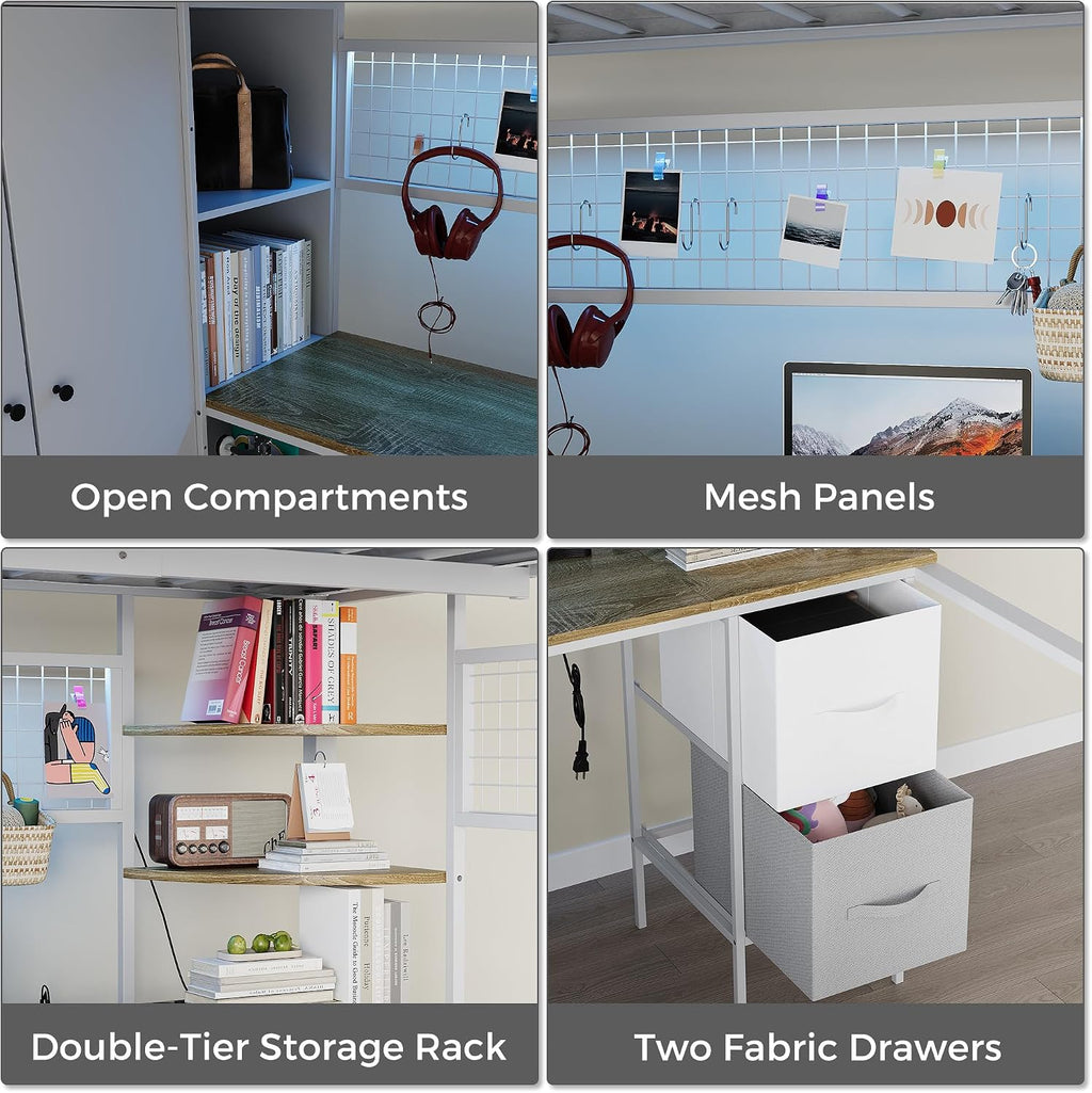 Kikihouse Twin Size Loft Bed with Desk, Stairs & LED Light, Metal Gaming Loft Bed Frame with Headboard, Safety Guardrail, Charging Station, Closet and 12 Fabric Drawers, Space Saving, White & Oak