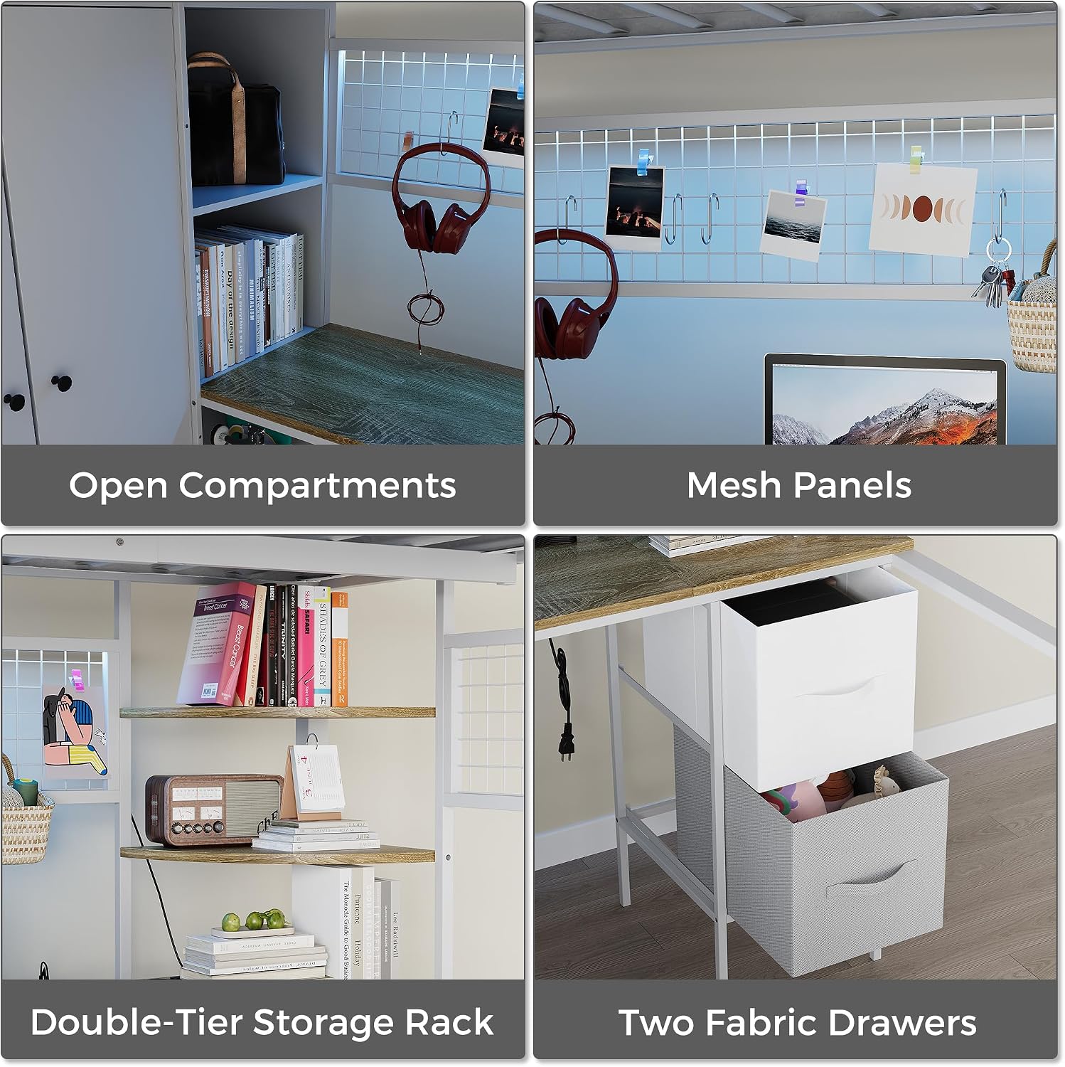 Kikihouse Twin Size Loft Bed with Desk, Stairs & LED Light, Metal Gaming Loft Bed Frame with Headboard, Safety Guardrail, Charging Station, Closet and 12 Fabric Drawers, Space Saving, White & Oak