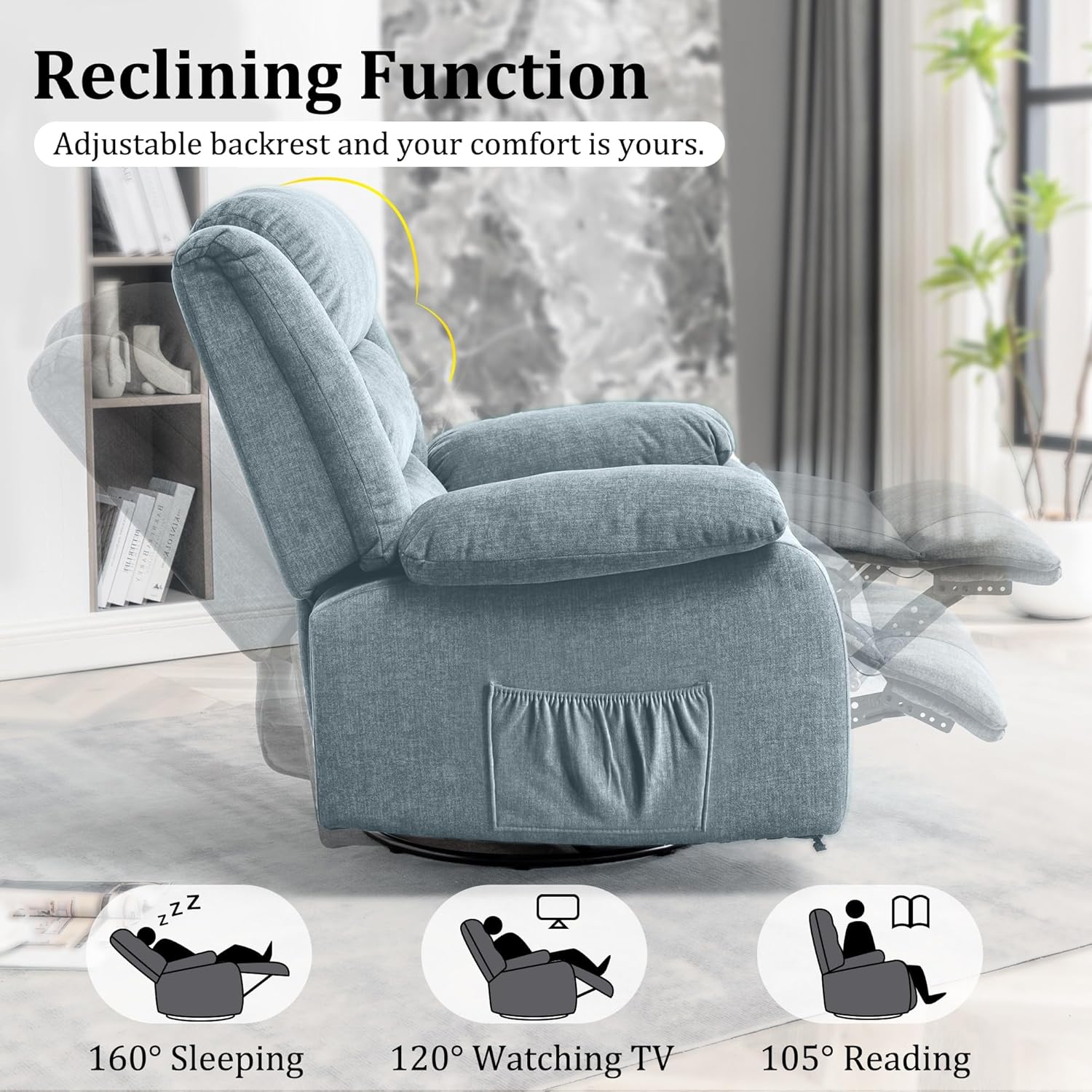 Korser Recliner Chair, Rocking Chair with Massage and Heat, Wide Rocker Chair,360°Swivel Nursery Rocking Chairs, Oversized Recliner for Adults, Cashmere Reclining Sofa for Living Room, Pewter