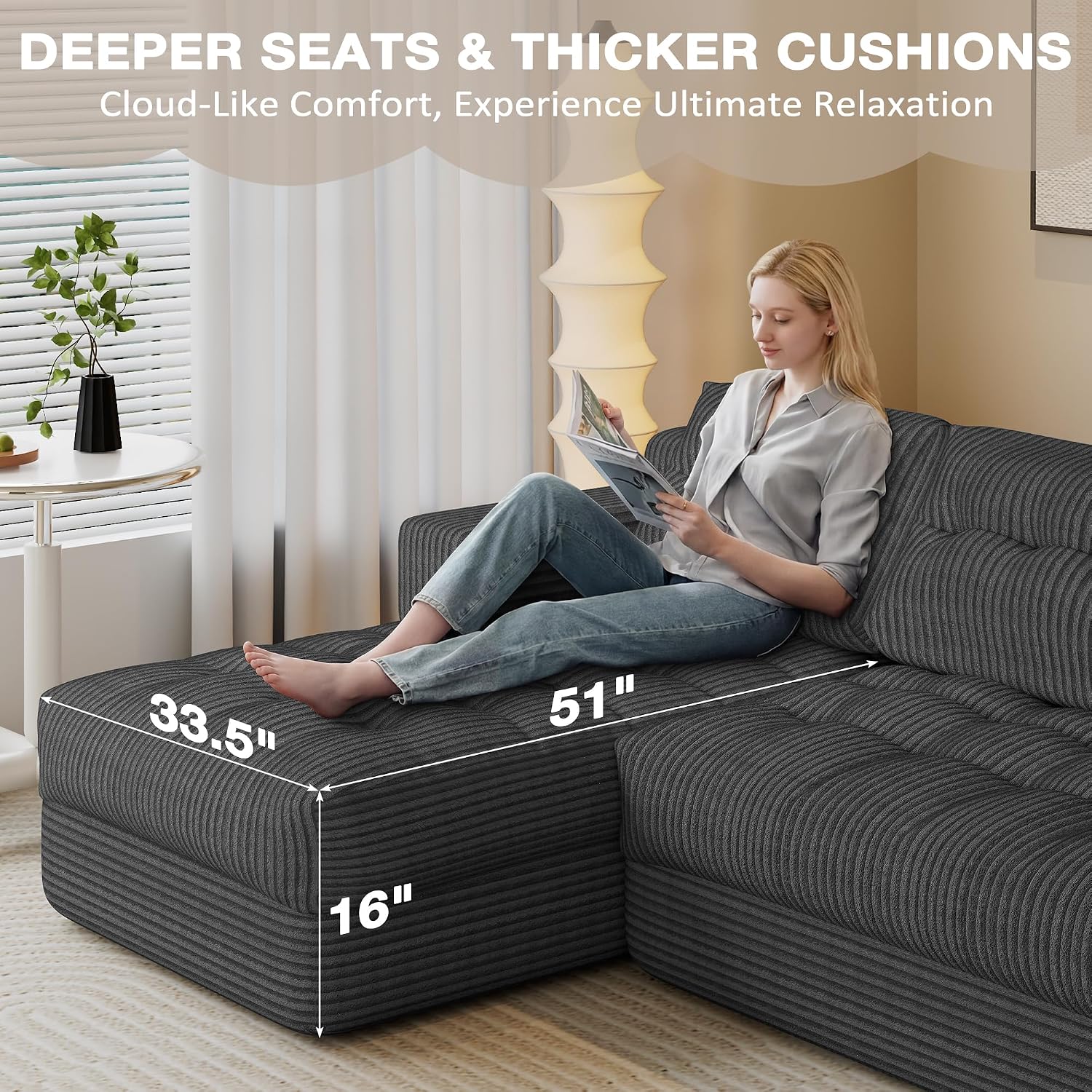 Boneless Couch, 2026 New Boneless Sectional Couch with Deep Seat & Chaise for Small Spaces, Upholstered Cloud Couch Sectional Boneless Couches for Living Room, No Assembly, Left Facing Chaise, Grey