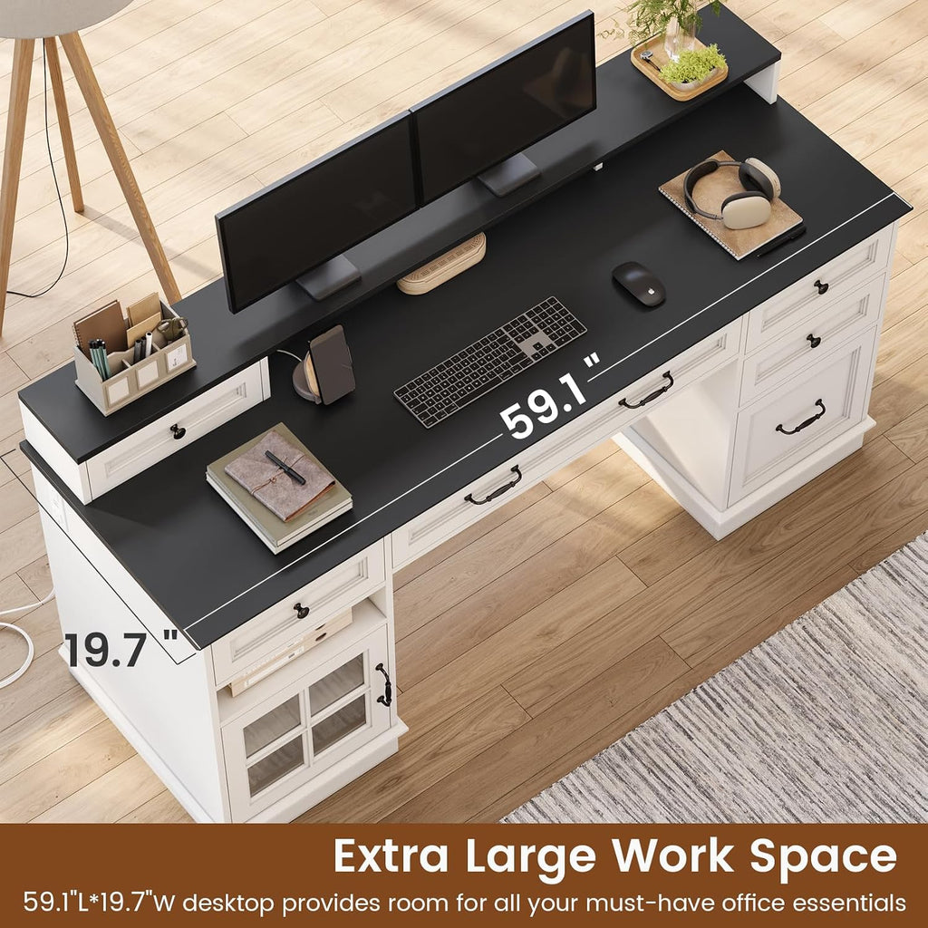 HAUOMS Farmhouse Executive Desk with Drawers Computer Desk with File Drawers, Power Outlet and Led Lights, Executive Office Desk with Storage Cabinet and Monitor Shelf for Home Office, White