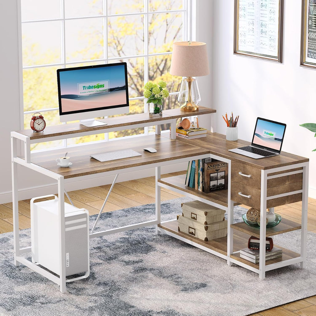 Tribesigns L Shaped Desk with Drawers and Monitor Stand, L Corner Desk with Storage Shelves, Beige Wooden PC Table for Samll Home Office