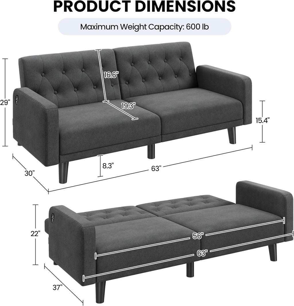 Yaheetech 63' Convertible Couch Small Futon Sofa Bed with 2 USB Ports, Reclining Backrest & Removable Armrests, Mid Century Modern Loveseat for Living Room, Apartment, Office, Dark Gray