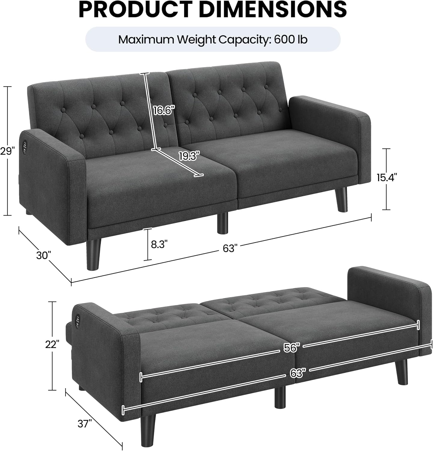 Yaheetech 63' Convertible Couch Small Futon Sofa Bed with 2 USB Ports, Reclining Backrest & Removable Armrests, Mid Century Modern Loveseat for Living Room, Apartment, Office, Dark Gray
