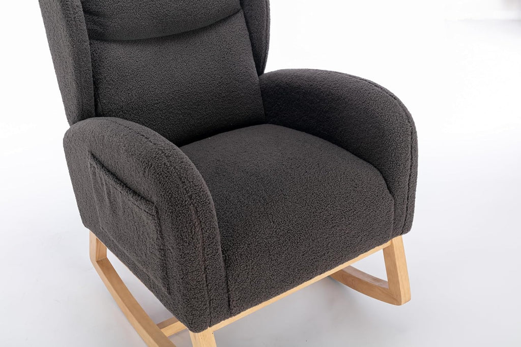 Nursery Glider Chair - Wingback Teddy Upholstered Rocking Chair with High Backrest, Ergonomic Rocker Chair for Breastfeeding & Baby Room, Modern Accent Armchair for Living Room & Bedroom, Gray