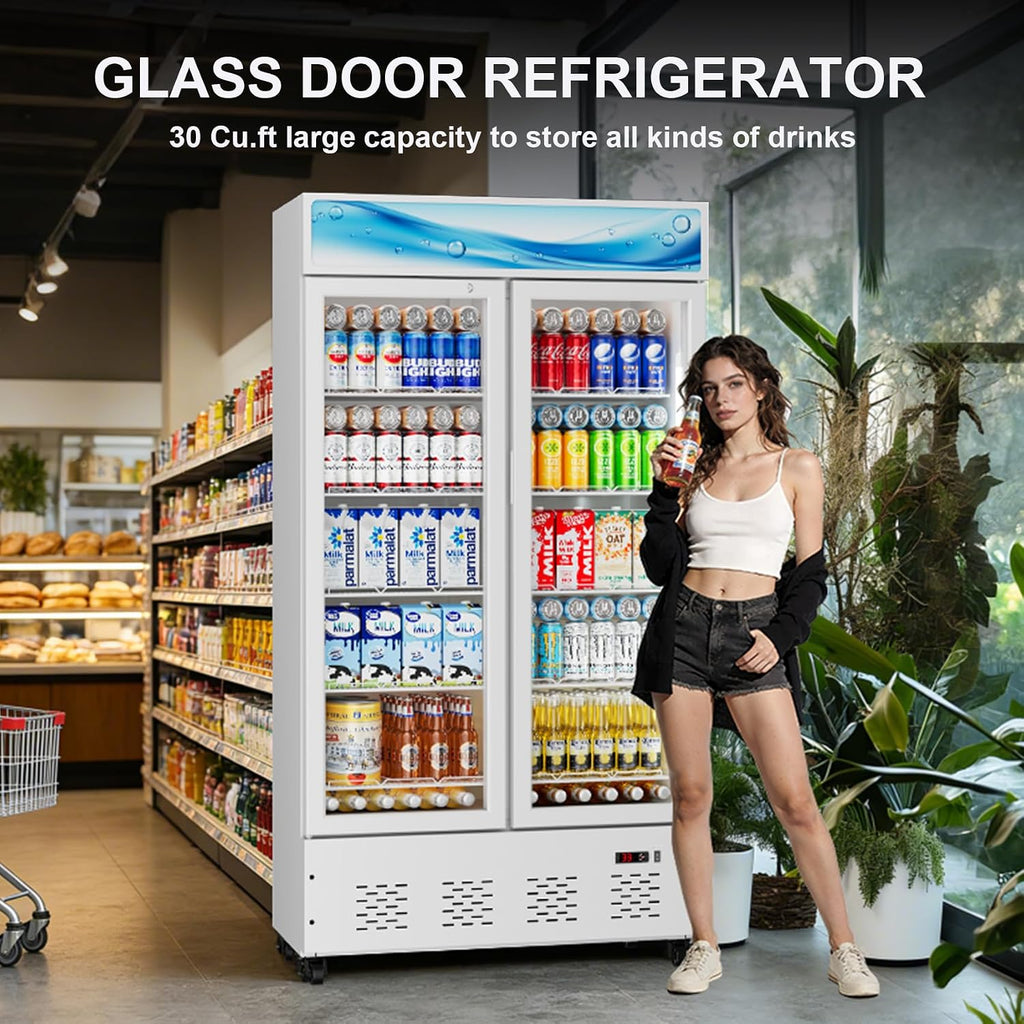 42'W Commercial Glass Door Display Refrigerator 30 Cu.ft White Cooler Beverage Fridge with LED Light and 10 Shelves for Cafe Restaurant Store Bar