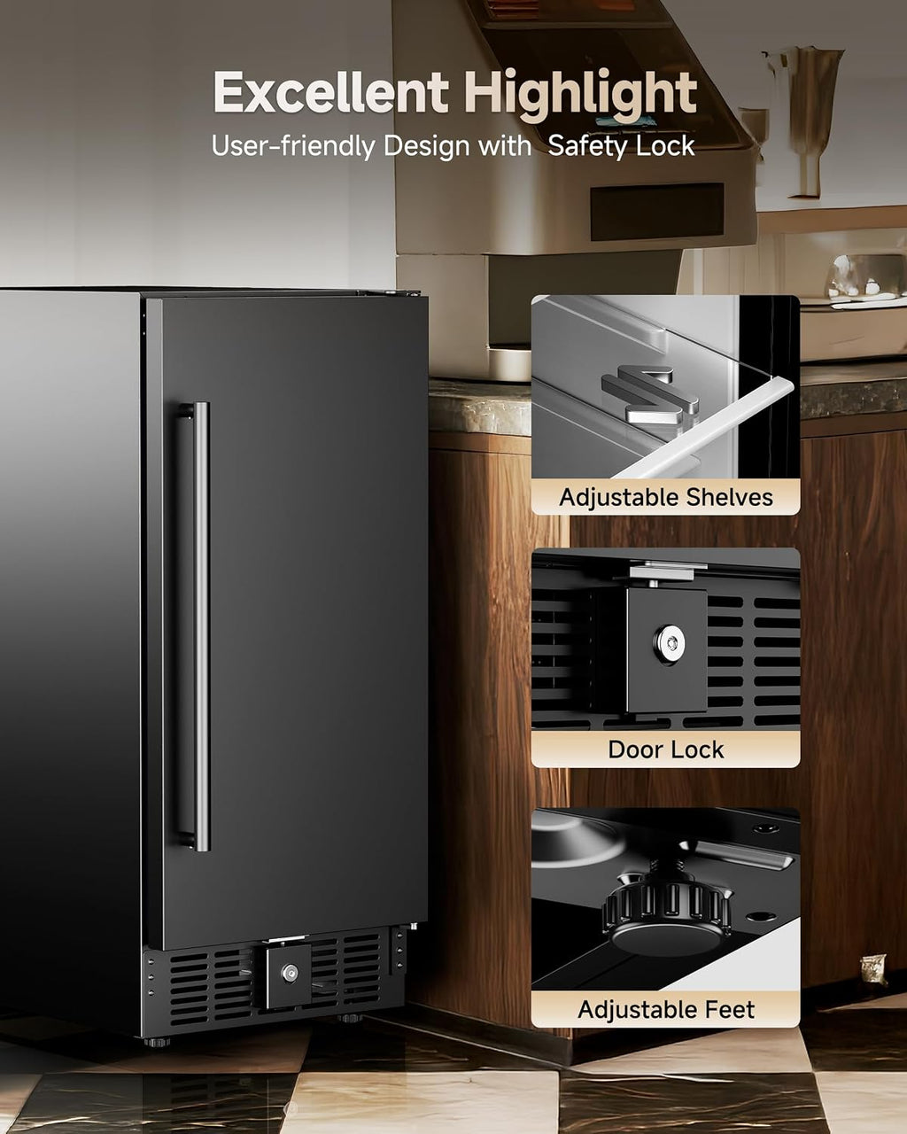 15 Inch Under Counter Beverage Refrigerator, Outdoor Fridge with 127 Cans Large Capacity & Glass Shelves, Built-in or Freestanding, Small Beverage Refrigerator for Patio & Outdoor Kitchen (Black)