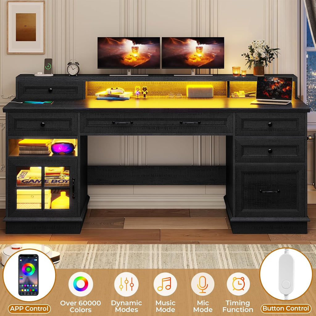 BTHFST 59.1' Executive Desk with File Drawer, Home Office Desk with Charging Station & LED Lights, Computer Desk with Drawers & Storage Cabinet, Executive Office Desk with Monitor Stand, Black