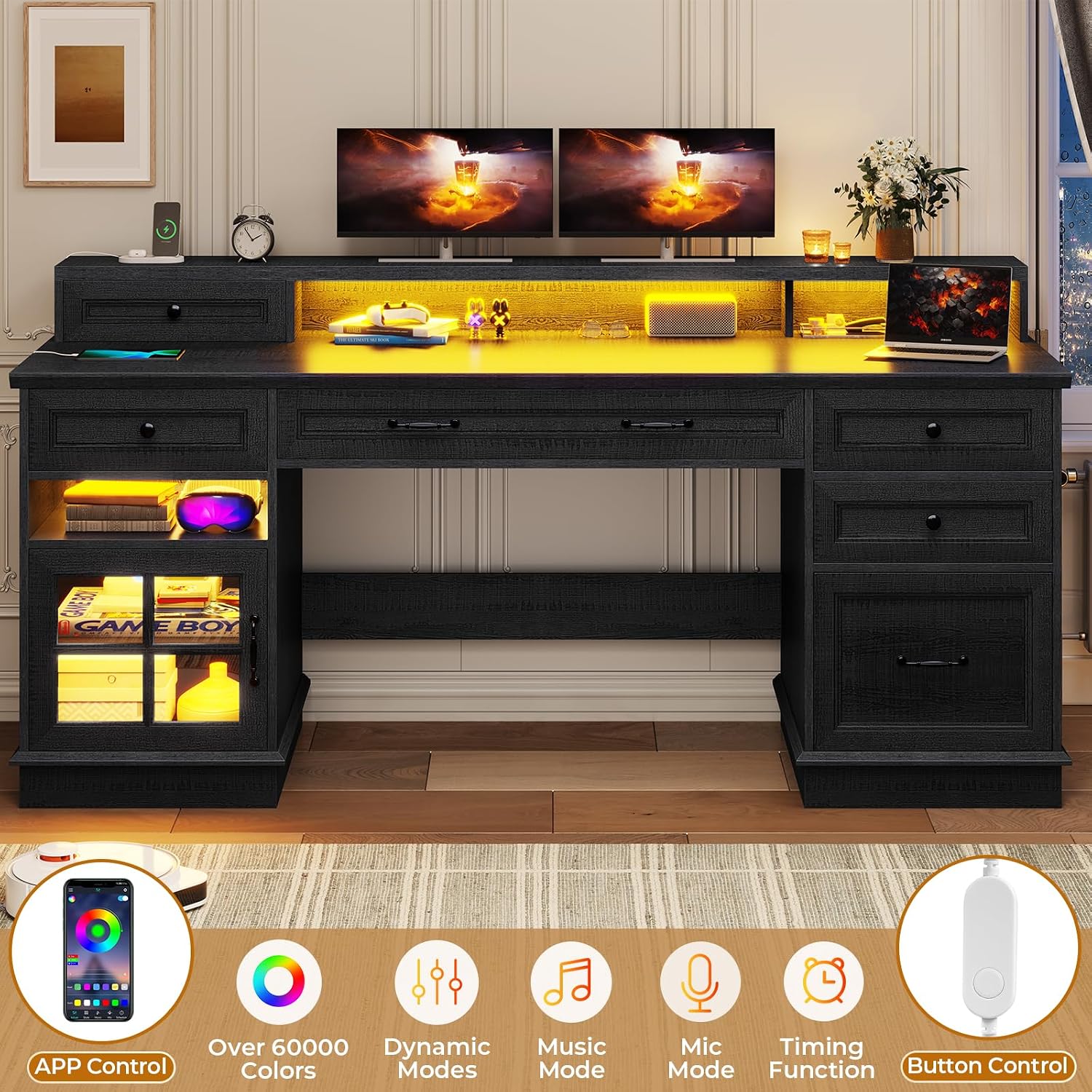 BTHFST 59.1' Executive Desk with File Drawer, Home Office Desk with Charging Station & LED Lights, Computer Desk with Drawers & Storage Cabinet, Executive Office Desk with Monitor Stand, Black