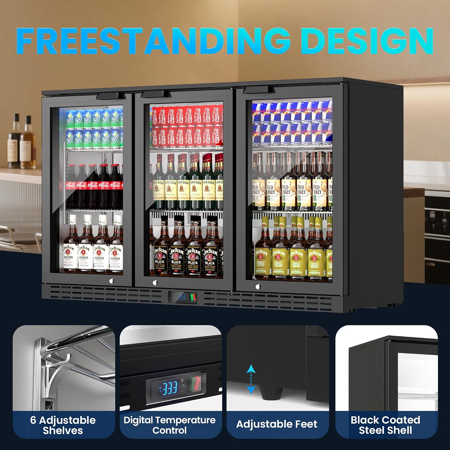 Coolake 53' Back Bar Cooler with 3 Glass Doors, 11.7 cu.ft Commercial Under Counter Height Beverage Refrigerator, Stainless Steel Beer Fridge with LED Lighting for Soda Drinks, Beer, Wine