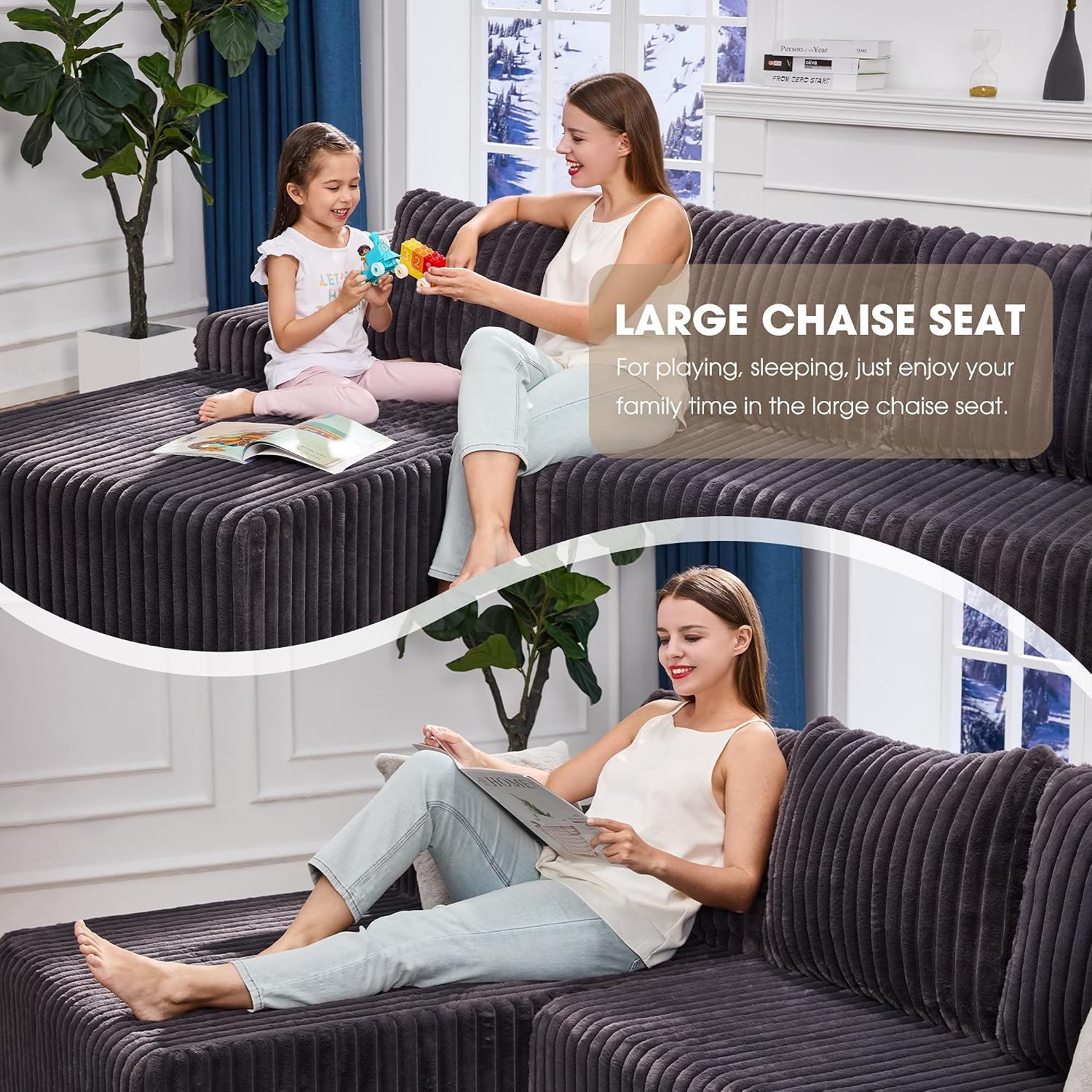 Modular Sectional Sofa Couches L-Shape Couch 3 Seat Modular Sofa Memory Foam Sectional Couches for Living Room, Cloud Couch with Oversized Chaise (Grey Stripe, 98' Left Facing Chaise)