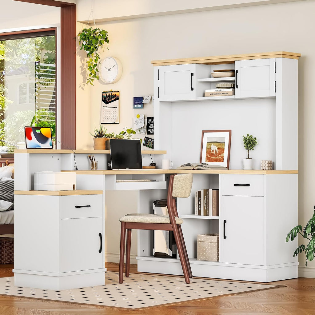 Bellemave L-Shaped Computer Desk with Power Outlet & Storage - Modern Corner Gaming Desk with Bookshelf and Drawers, Study Writing Workstation for Home Office