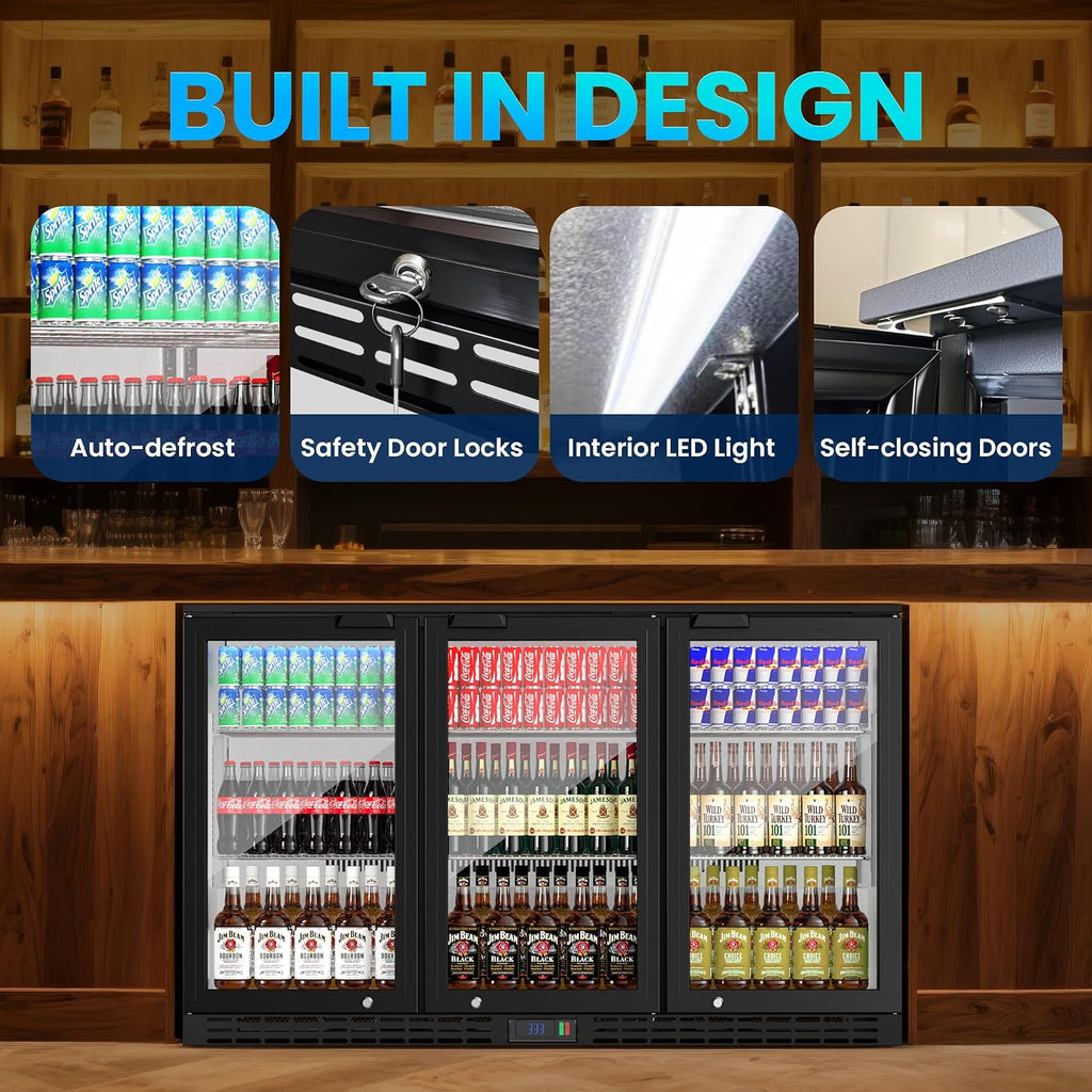 Coolake 53' Back Bar Cooler with 3 Glass Doors, 11.7 cu.ft Commercial Under Counter Height Beverage Refrigerator, Stainless Steel Beer Fridge with LED Lighting for Soda Drinks, Beer, Wine