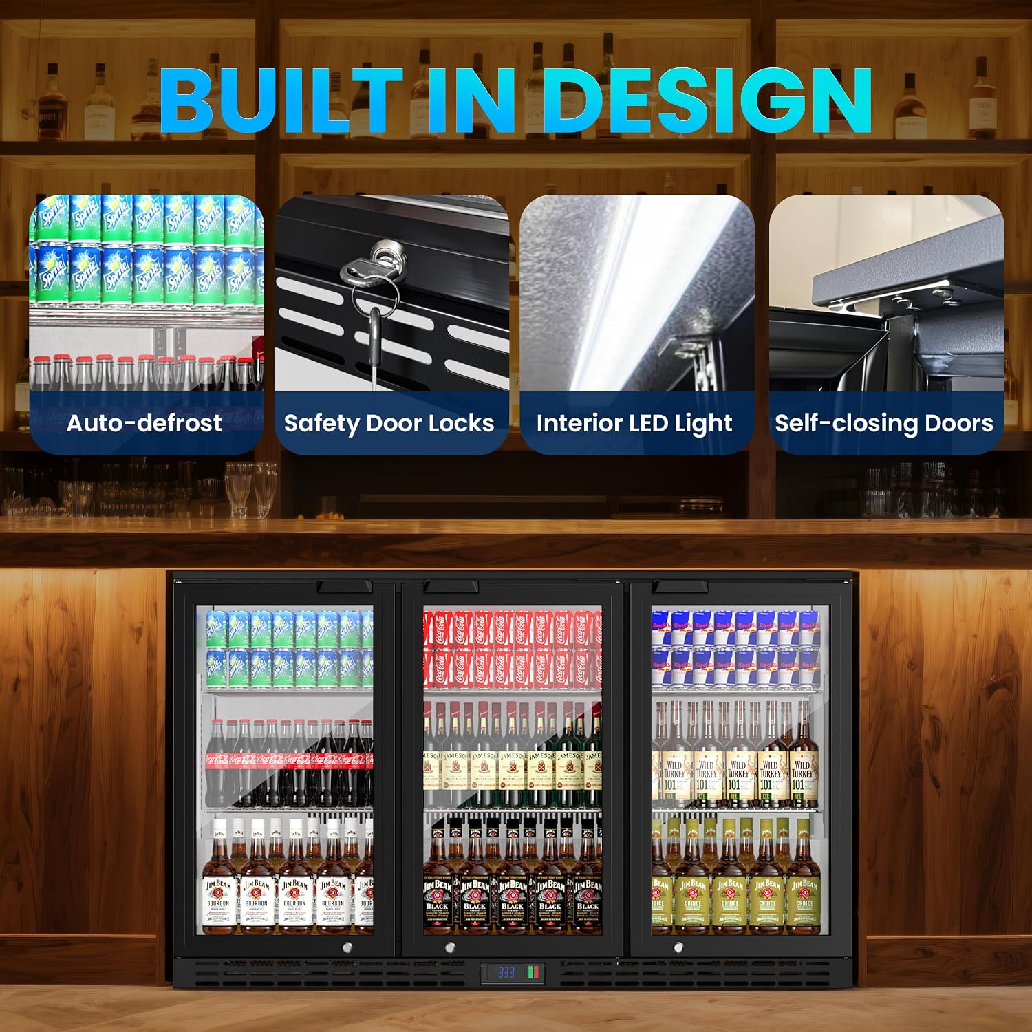 Coolake 53' Back Bar Cooler with 3 Glass Doors, 11.7 cu.ft Commercial Under Counter Height Beverage Refrigerator, Stainless Steel Beer Fridge with LED Lighting for Soda Drinks, Beer, Wine