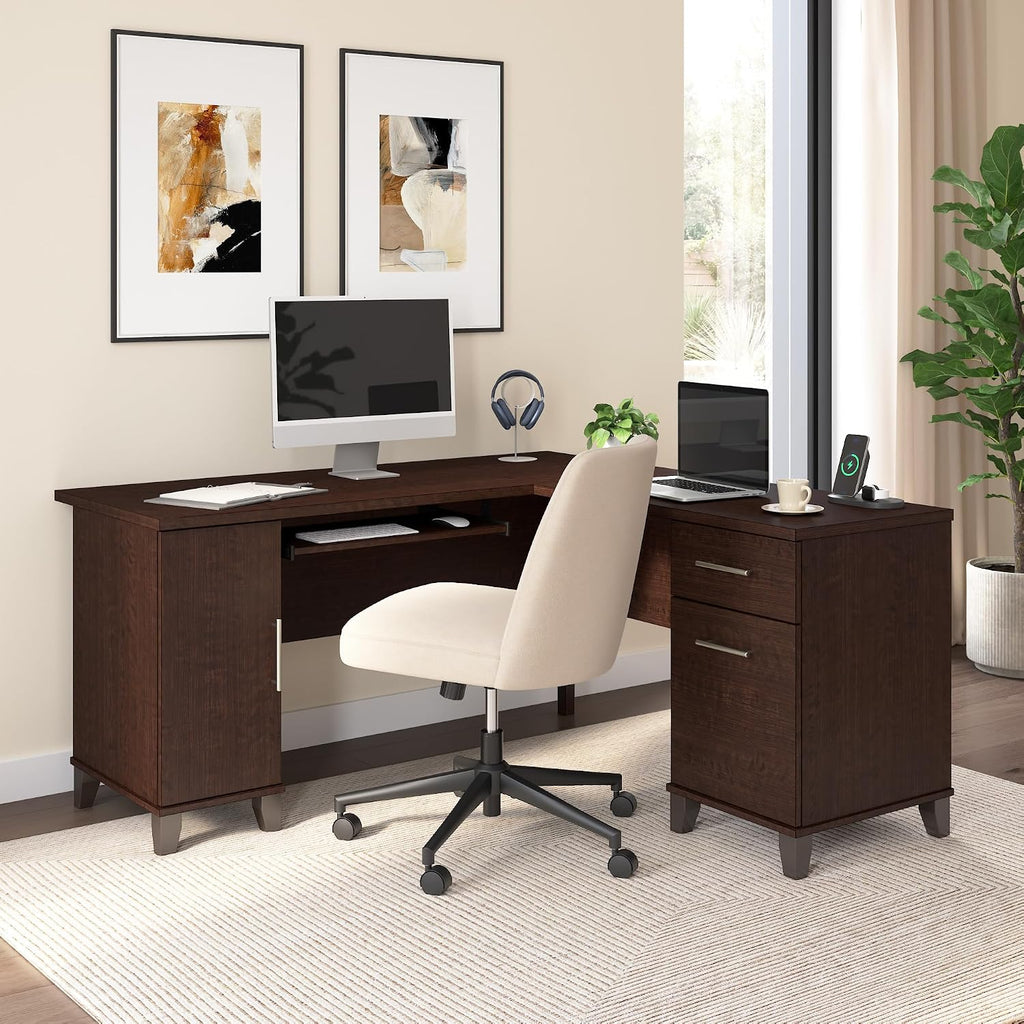Bush Home 60-Inch L-Shaped Desk with Storage, Corner Computer Office Desk with Drawers and Storage Cabinet, Home Office Furniture, Somerset Collection, Mocha Cherry