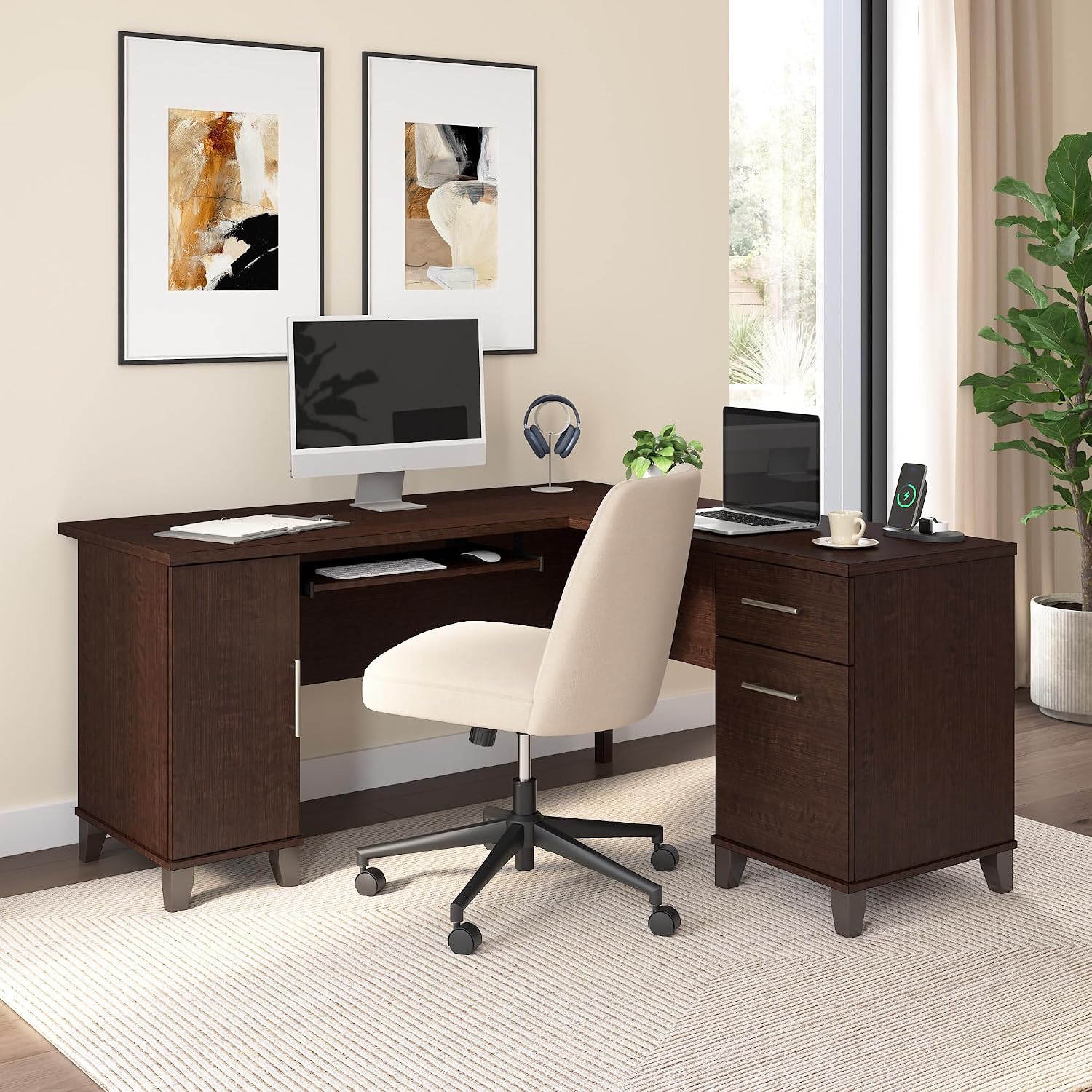 Bush Home 60-Inch L-Shaped Desk with Storage, Corner Computer Office Desk with Drawers and Storage Cabinet, Home Office Furniture, Somerset Collection, Mocha Cherry