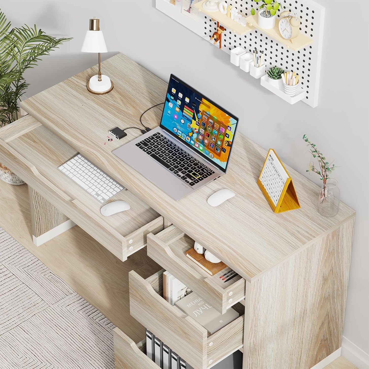 MaverickFurni 52 Inch Desk with 4 Drawers, Computer Desk with Storage File Drawer for Bedroom, Small Office Desk with Storage for Small Space, Light Walnut