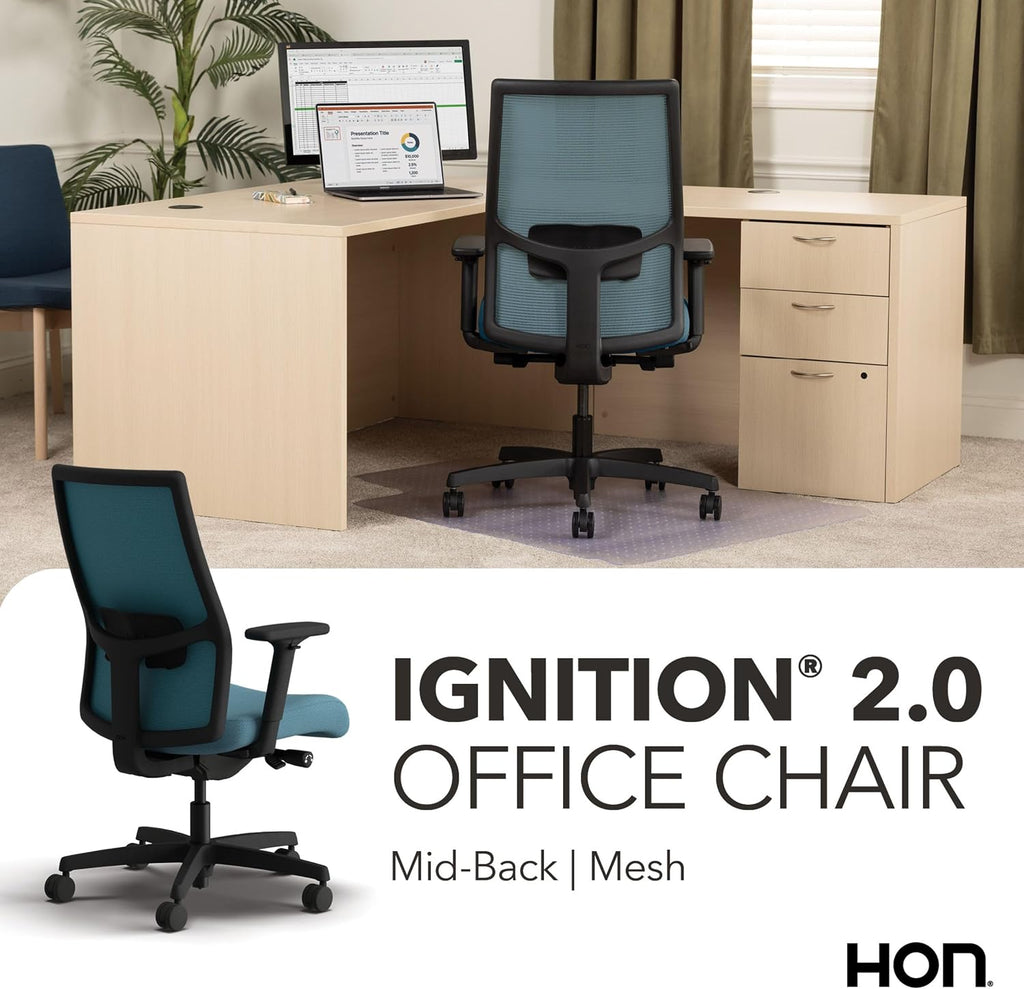 HON Ignition 2.0 Mid‑Back Ergonomic Office Chair, Mesh Task Seating with Lumbar Support, Advanced Synchro‑Tilt, Height and Width Adjustable Arms, Black Frame, Sky