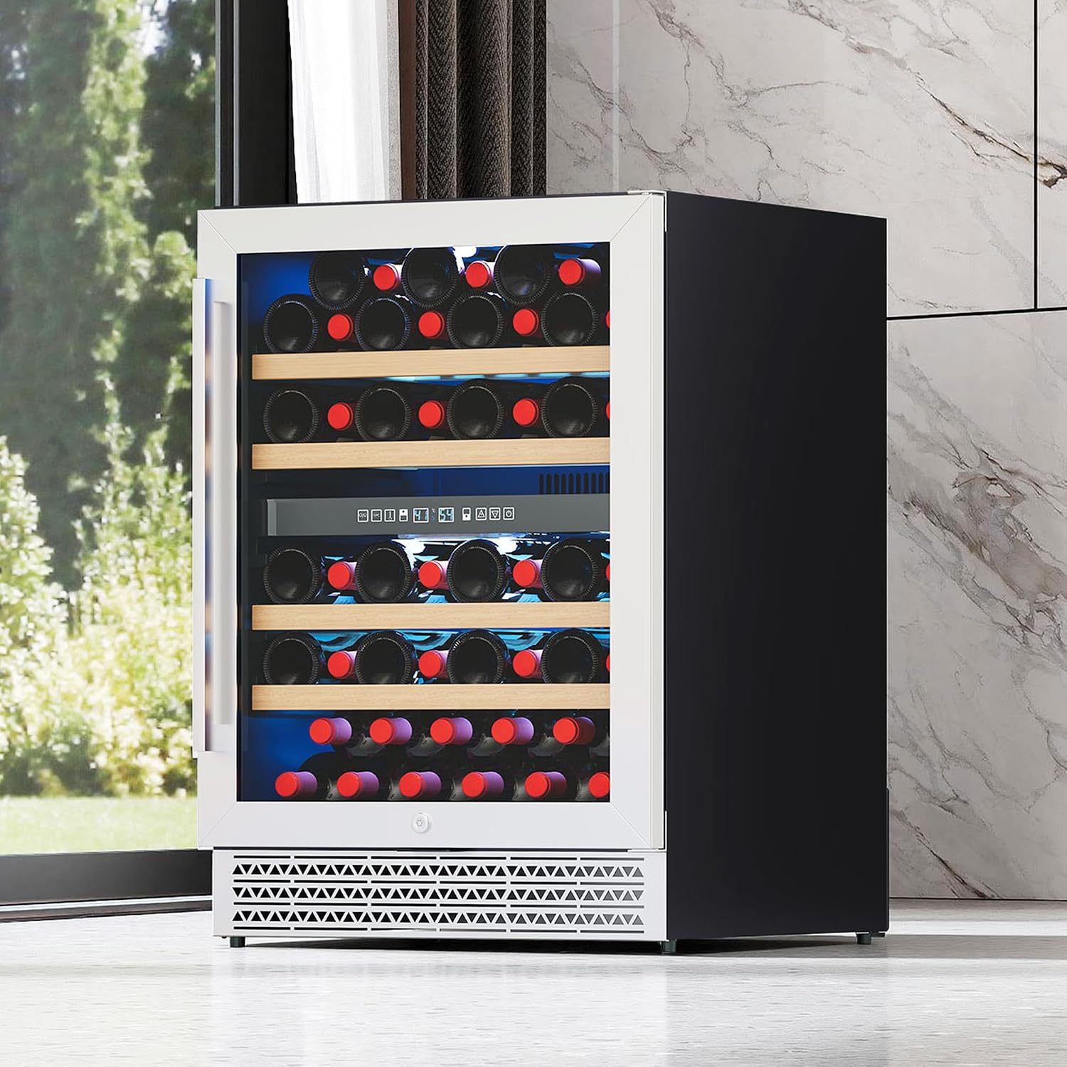 Albott 24 Inch Wine Fridge, Dual Zone 49 Bottle Wine Cooler 41–68℉ with Digital Temperature Control, Reversible Double-Layer Glass Door, Built-in or Freestanding Design for Home and Bar