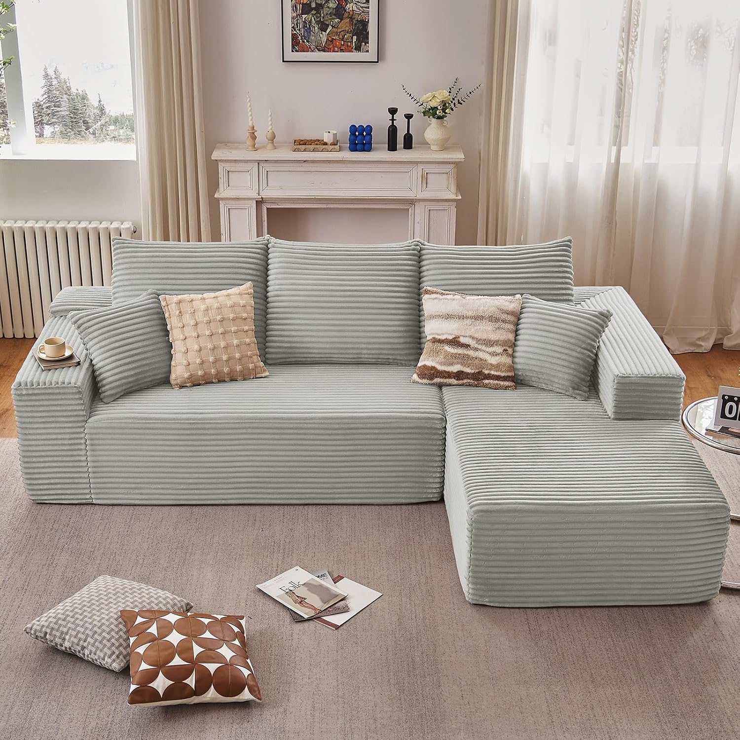 107' Cloud Sectional Couch with L-Shape Chaise, Modern Modular Comfy Sofa Chaise Longue, Upholstered Corduroy Couches Sleeper with Deep Seat for Living Room Bedroom, No Assembly Required, Grey