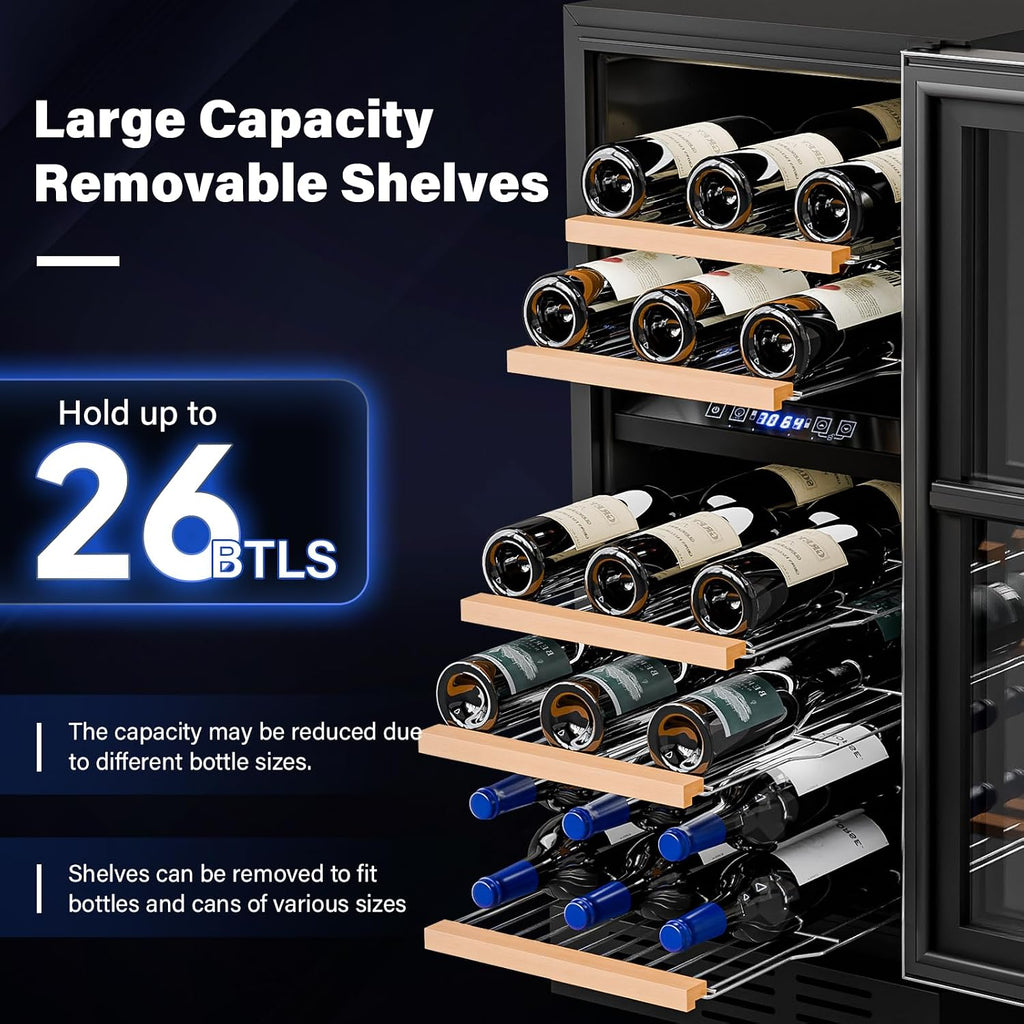 ROVSUN 15''W Dual Zone Wine Fridge with Compressor, 26 Bottles Built-in Wine Cooler Refrigerator with Touch Panel Control and Glass Door, Wine Cellar for Red, White, Champagne or Sparkling, 41-64°F