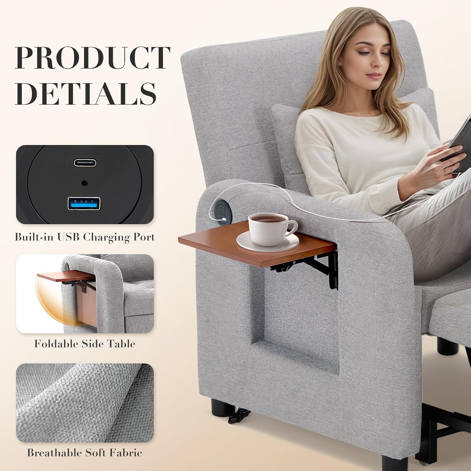 Convertible Sleeper Chair-Fabric Futon Sofa Bed, Single Sleeper Sofa, Small Couch Bed with USB Port, Foldable Table, Pillow, Adjustable Backrest for Dorm/Bedroom/College Lightgrey