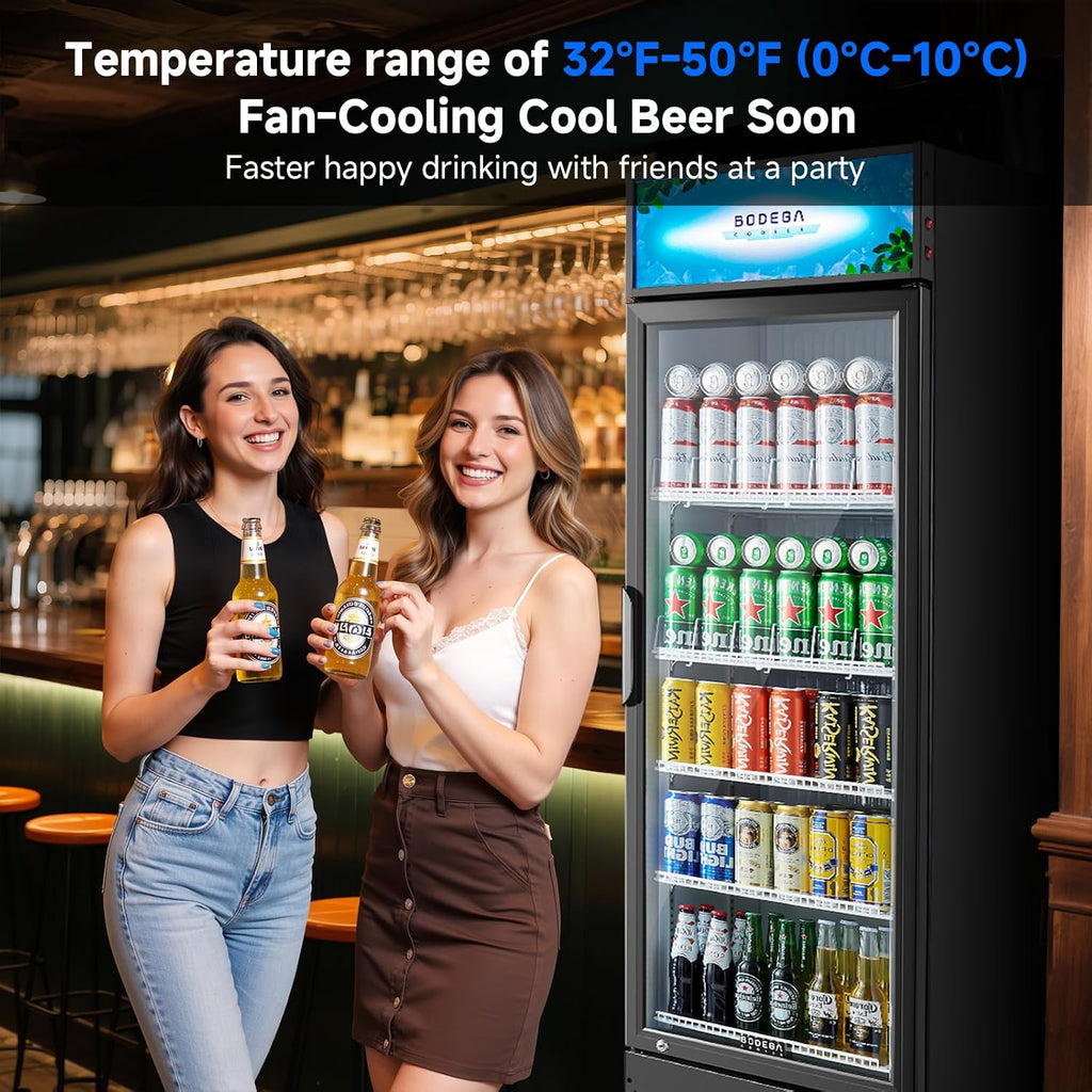 BODEGA COOLER 9 Cu. Ft Commercial Merchandiser Refrigerator with Glass Door & LED Light | Energy-Saving Beverage Display refrigerator, 32°F-50°F Temp, 4 Adjustable Shelves, Lock for Office/Bar/Kitchen
