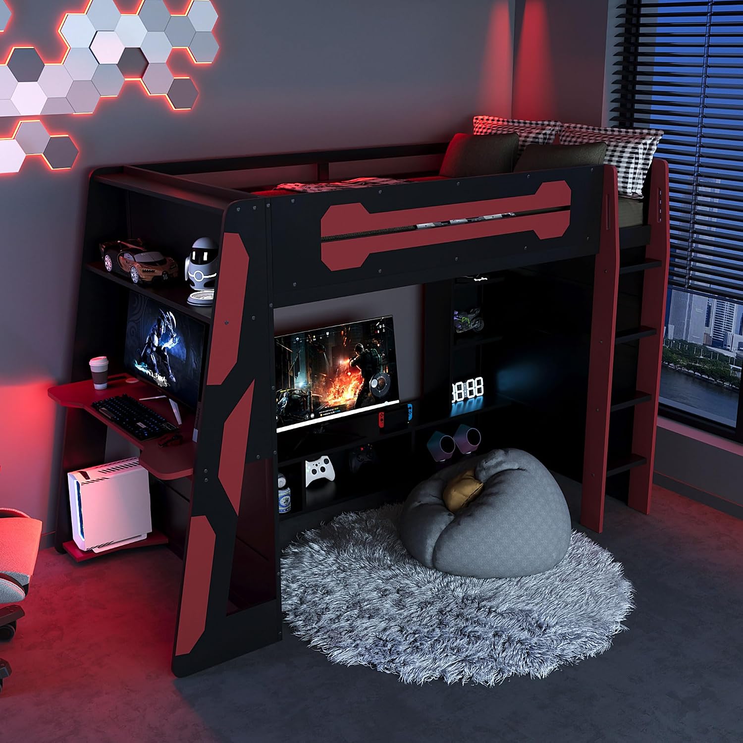 Merax Wood Loft Bed with Desk, Multi-Storage Shelves and RGB Light, Twin Size, Red