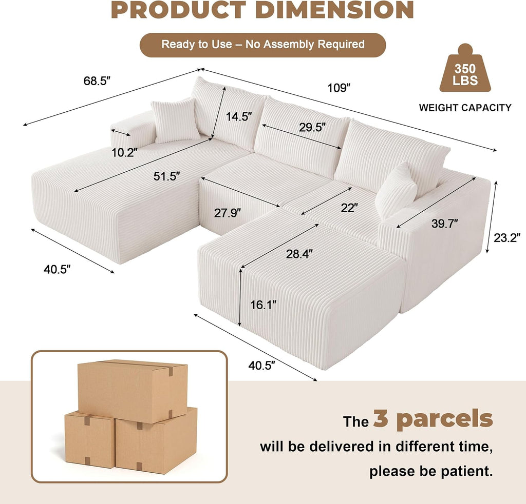 Weture 108' Modular Sectional Couches, Modern Modular U-Shape Sofa with Chaise, Cloud Sectional Couch with Deep Seat, Upholstered Boneless Sofa for Living Room (Corduroy, Beige)