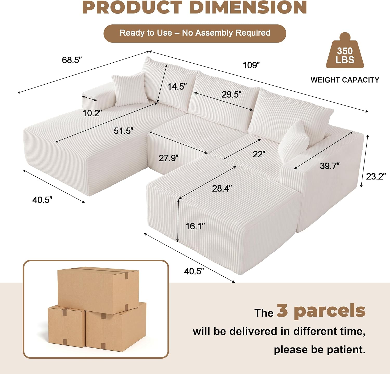 Weture 108' Modular Sectional Couches, Modern Modular U-Shape Sofa with Chaise, Cloud Sectional Couch with Deep Seat, Upholstered Boneless Sofa for Living Room (Corduroy, Beige)
