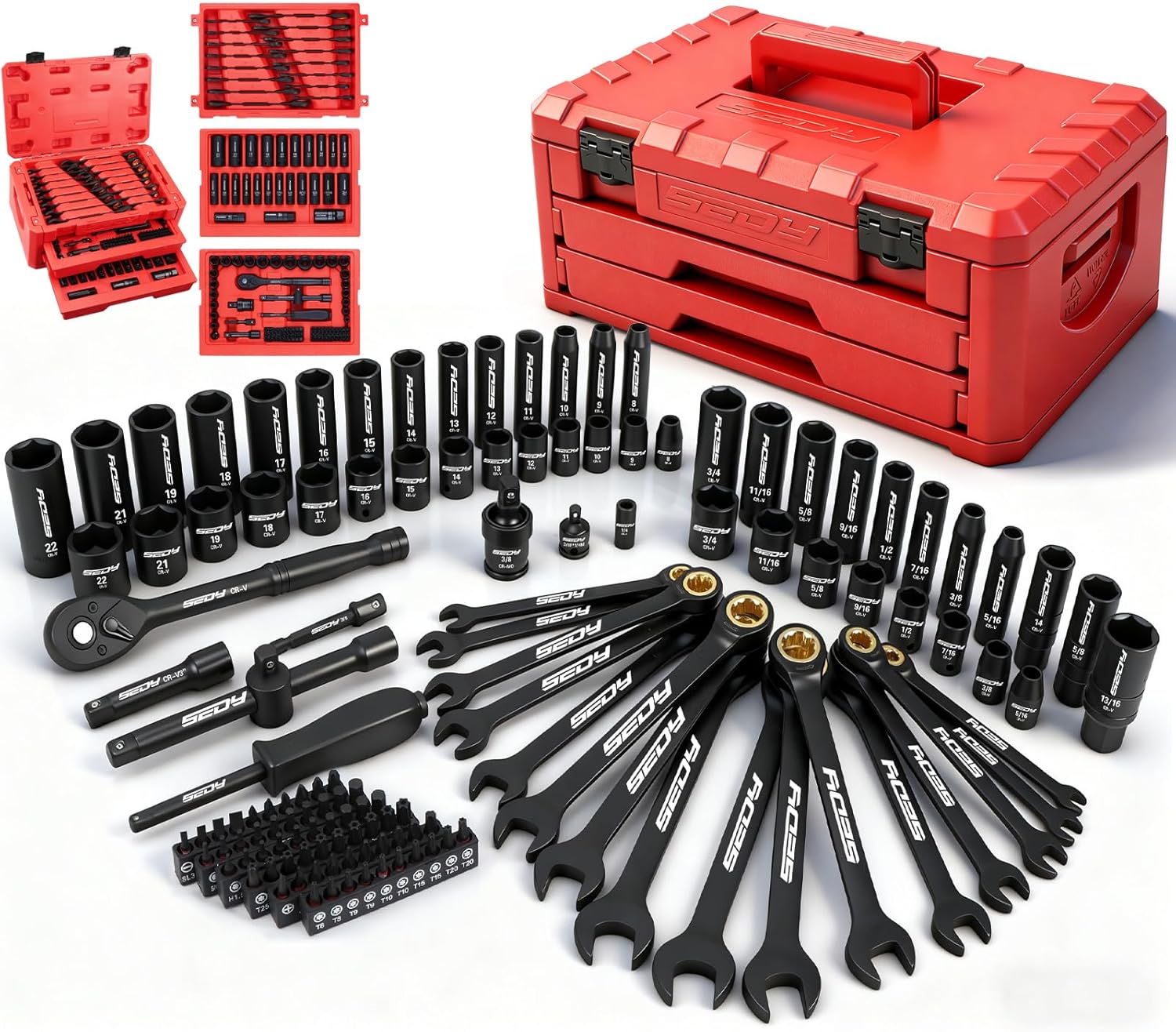 Premium 132-Piece Mechanics Tool Set, SAE/Metric 1/4' & 3/8' Drive Socket Set, Ratcheting Wrenches, Extensions & Adapters, Quick-Release Ratchet, Professional Auto Repair Tool Kit with Storage Case