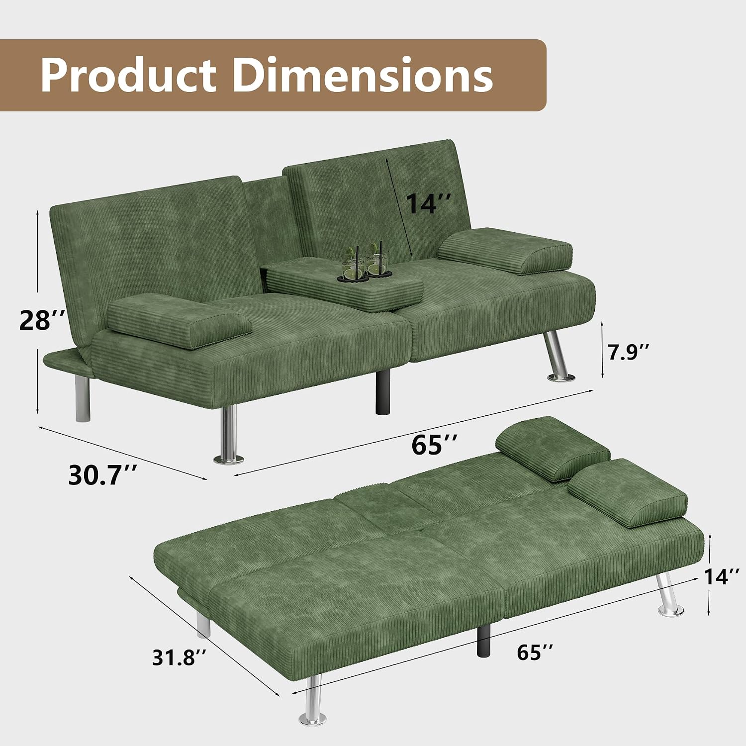 Flamaker Futon Sofa Bed Corduroy Folding Couch Adjustable Sleeper Sofa Bed for Small Apartment Upholstered Living Room Furniture Set with 2 Cup Holders Removable Armrests (Corduroy, Green)