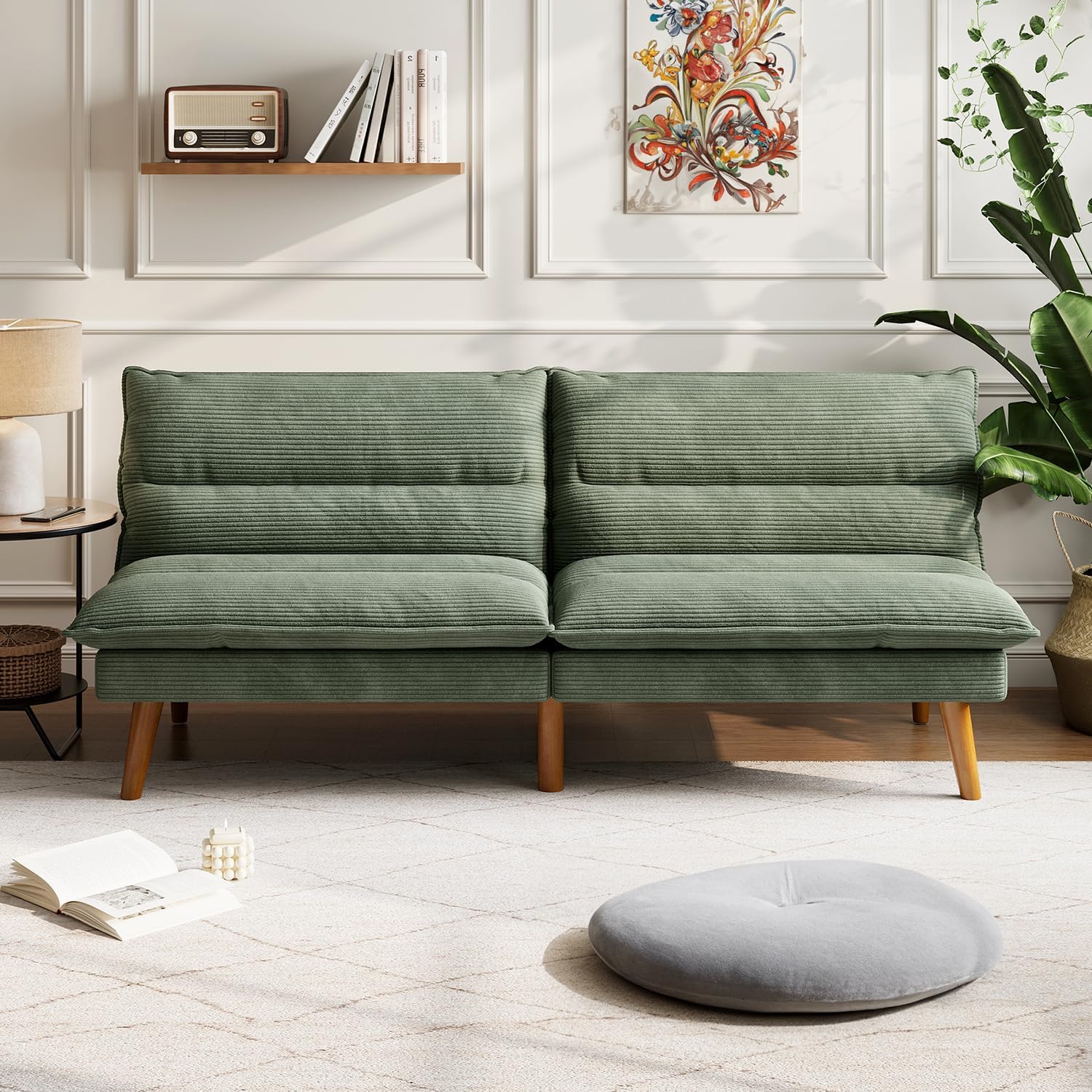 LINSY HOME Futon Sofa Bed - Convertible Corduroy Futon Couch Bed with Adjustable Backrest, Modern Small Loveseat Sleeper Sofa for Small Spaces, Living Room, Apartment or Office (Green)