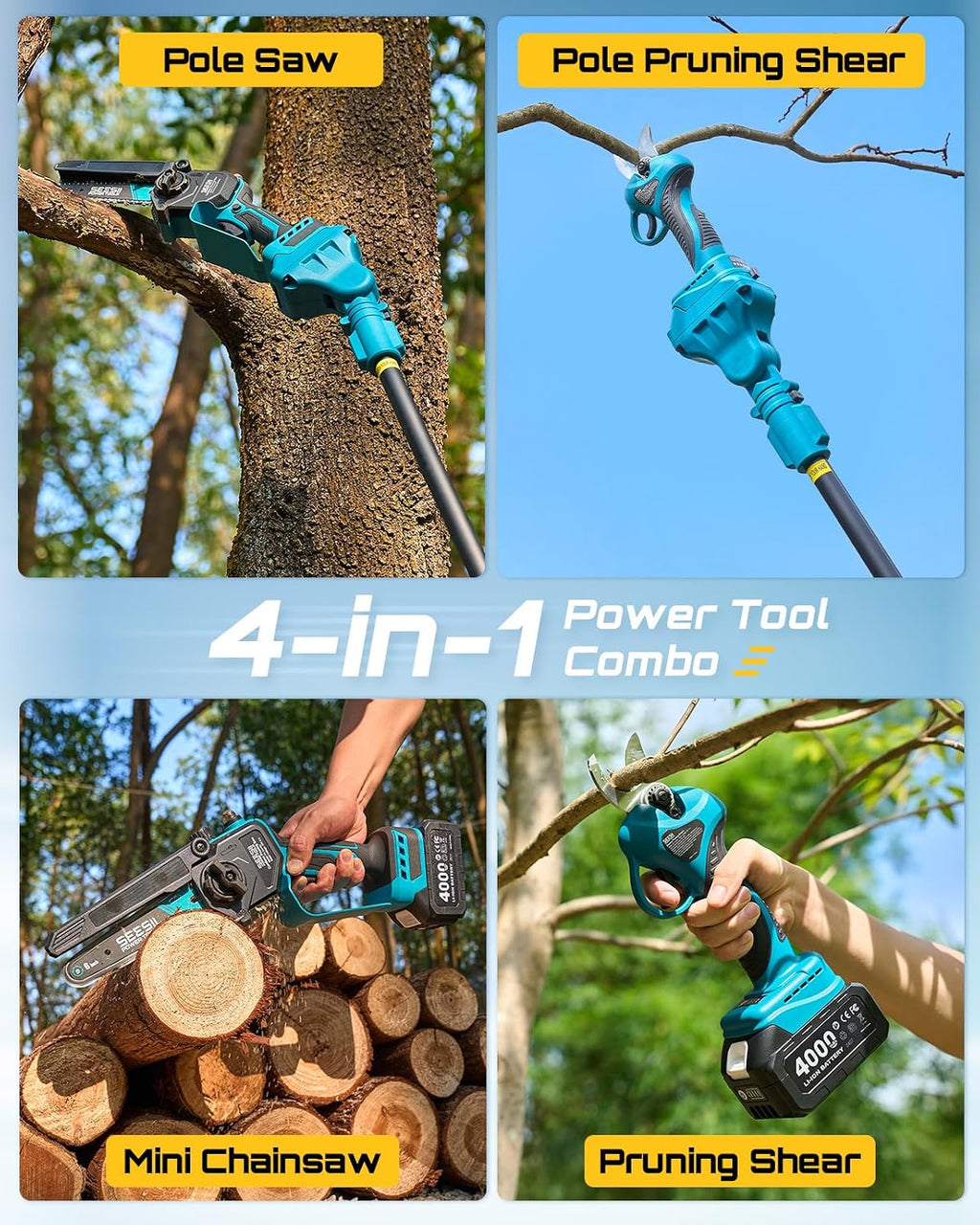 SEESII 4-in-1 Pole Saw & Pruning Shears Combo Kit, 6 Inch Mini Chainsaw for Tree Trimming, Battery Powered Chain Saw with Extension Pole, Limb Branch Cutter Pruner with 2 x 4000mAh Batteries