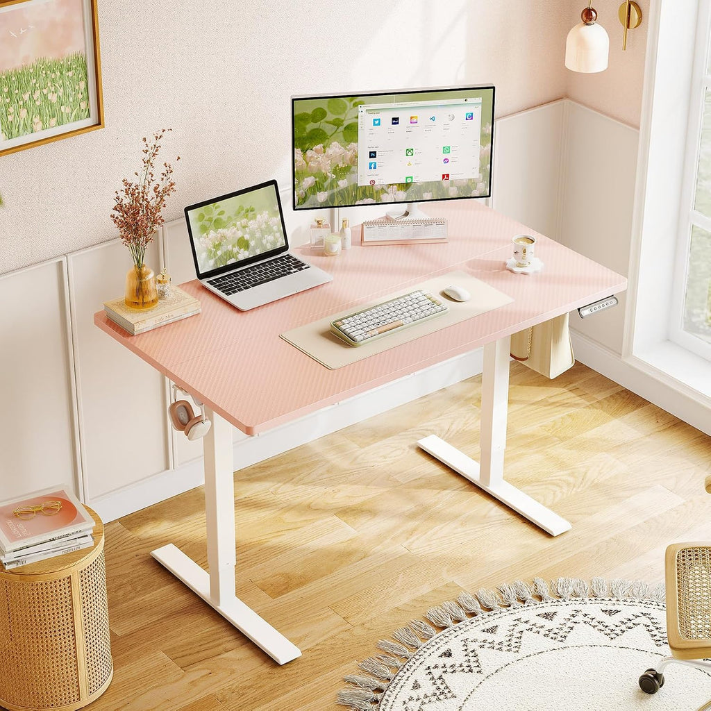 OffiGo Electric Height Adjustable Standing Desk, 40 Inch Pink Computer Desk for Women Girls, Sit Stand Table for Home, Office, Bedroom