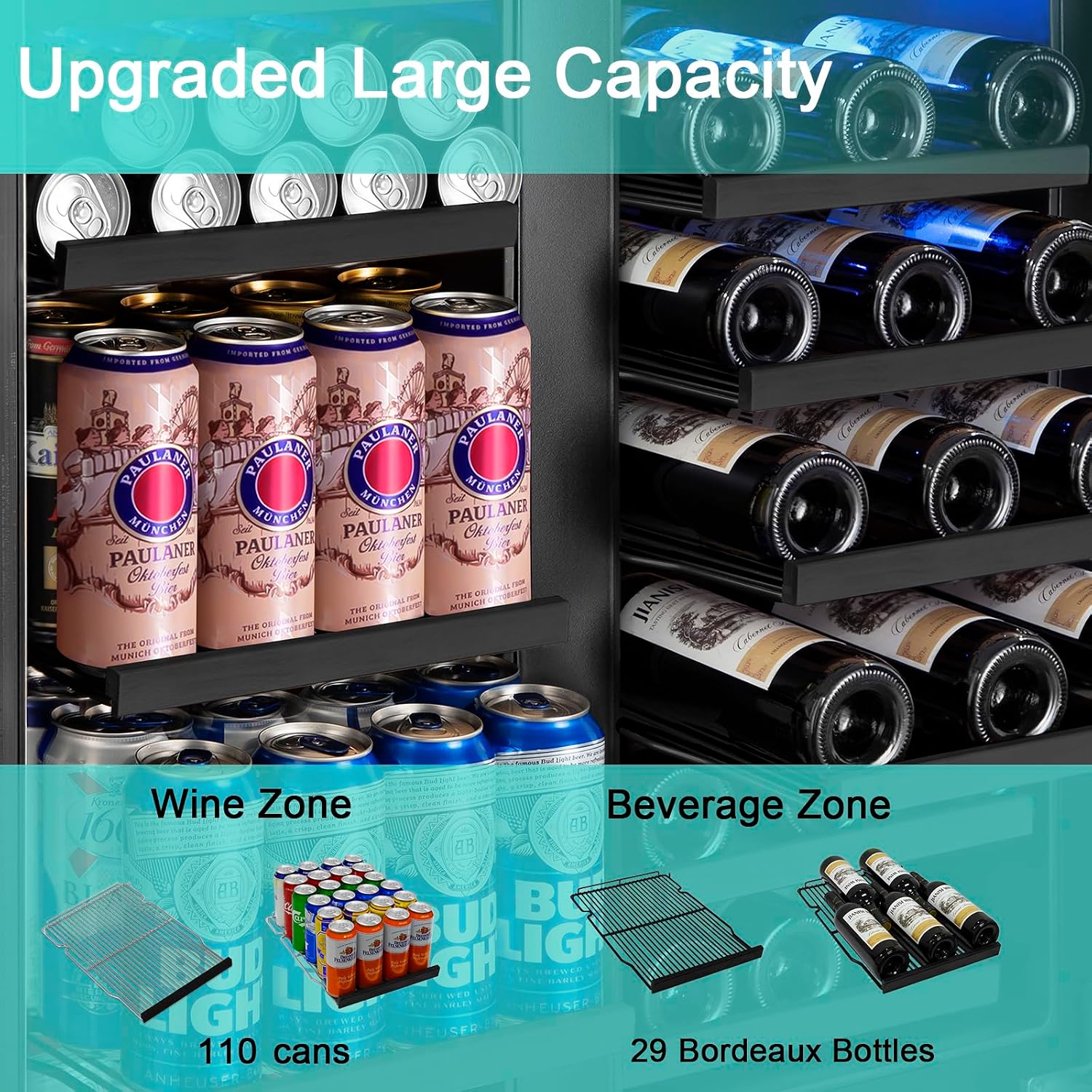 30'' Wine and Beverage Refrigerator, Upgrade Dual Zone Wine Cooler, 30 Inch Wine beverage Fridge Built in or Freestanding Under Counter Large Capacity Glass Door Advanced Cooling System,Black