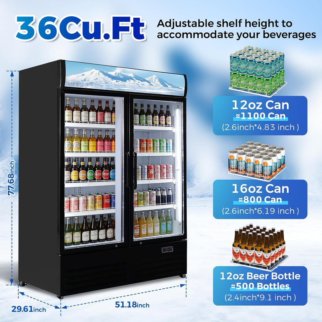 36 Cu Ft Commercial Beverage Refrigerator with 2 Glass Doors - Drink Cooler Merchandiser with LED Light Display, 8 Adjustable Shelves, ETL Approved for Business & Retail, Black