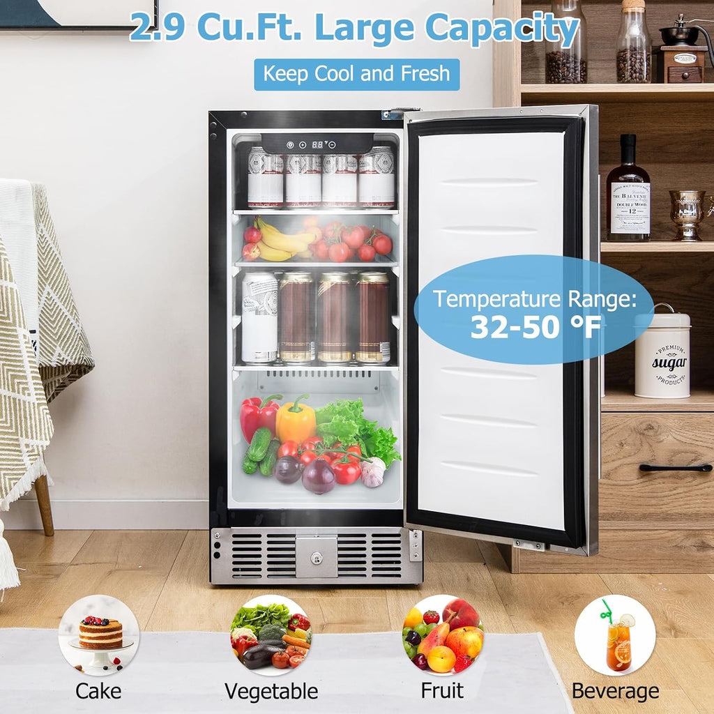COSTWAY 15 Inch Beverage Refrigerator, Under Counter Drink Fridge with Stainless Steel Door & Removable Shelves, Built-in & Freestanding Beverage Cooler for Soda, Beer, Wine