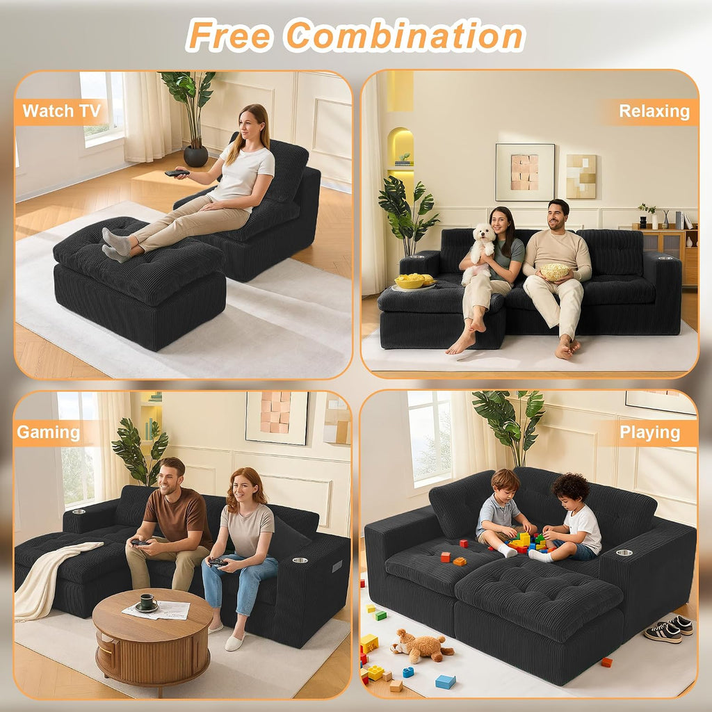 108 inch Boneless L Shaped Modular Sofa Bed, 50' Deep Seat Corduroy Sectional Couch with Ottoman No Assembly, 1400lbs Capacity Cloud Sleeper for Living Room Apartment (Matte Black)