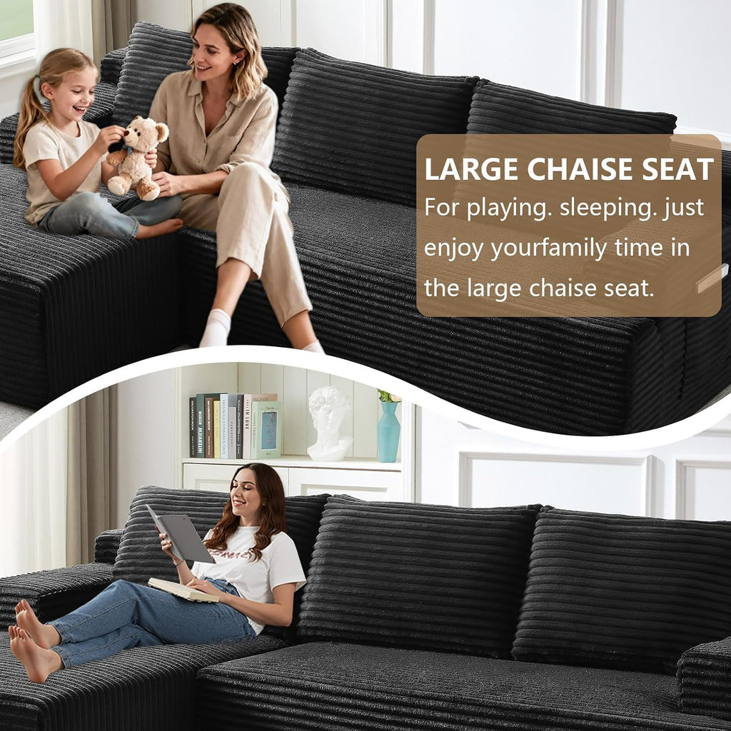 96' Modular Sectional Sofa Couches L-Shape Couch 3 Seat Modular Sofa Corduroy Memory Foam Sectional Boneless Couches for Living Room, Cloud Couch with Oversized Chaise(Black, Left Facing)