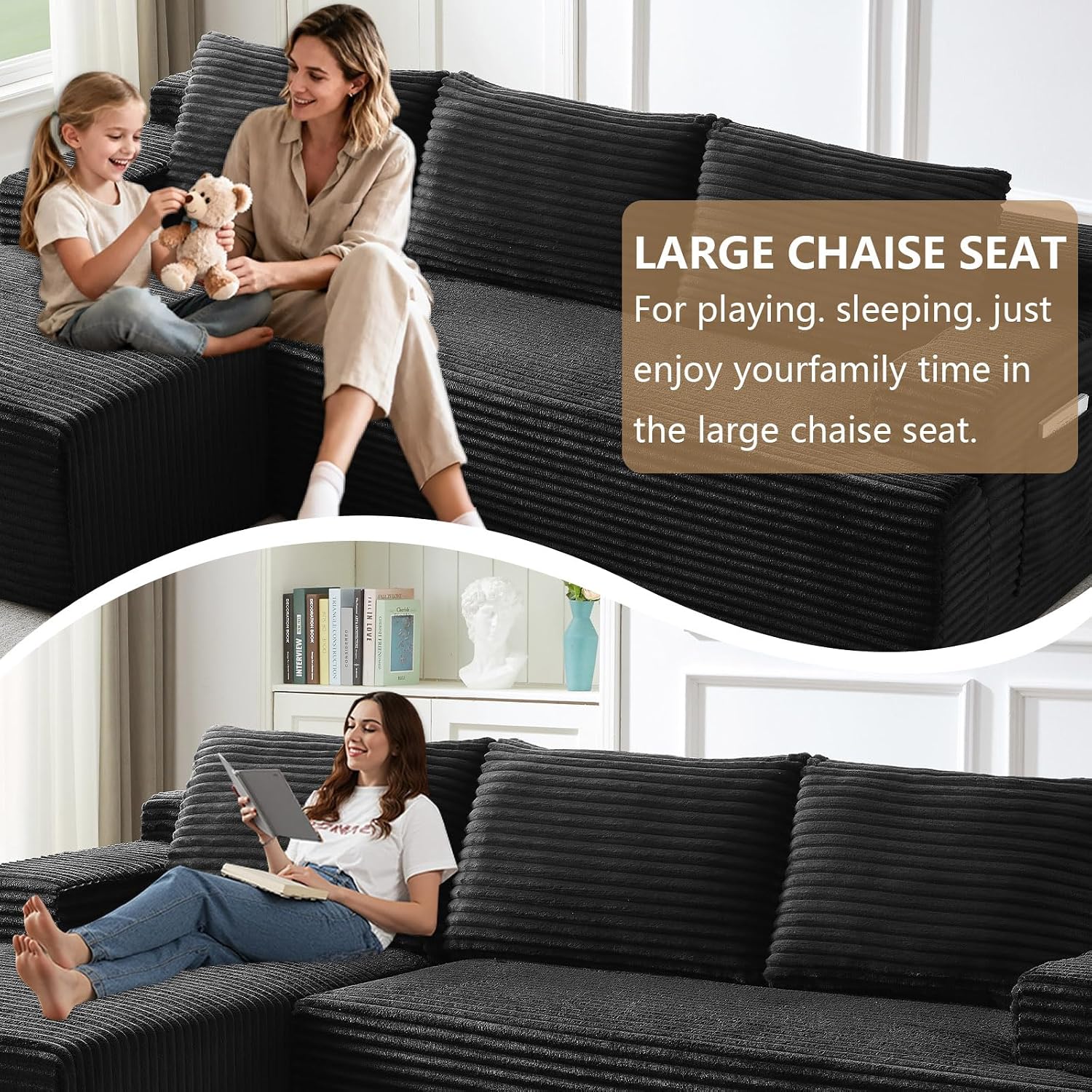 96' Modular Sectional Sofa Couches L-Shape Couch 3 Seat Modular Sofa Corduroy Memory Foam Sectional Boneless Couches for Living Room, Cloud Couch with Oversized Chaise(Black, Left Facing)