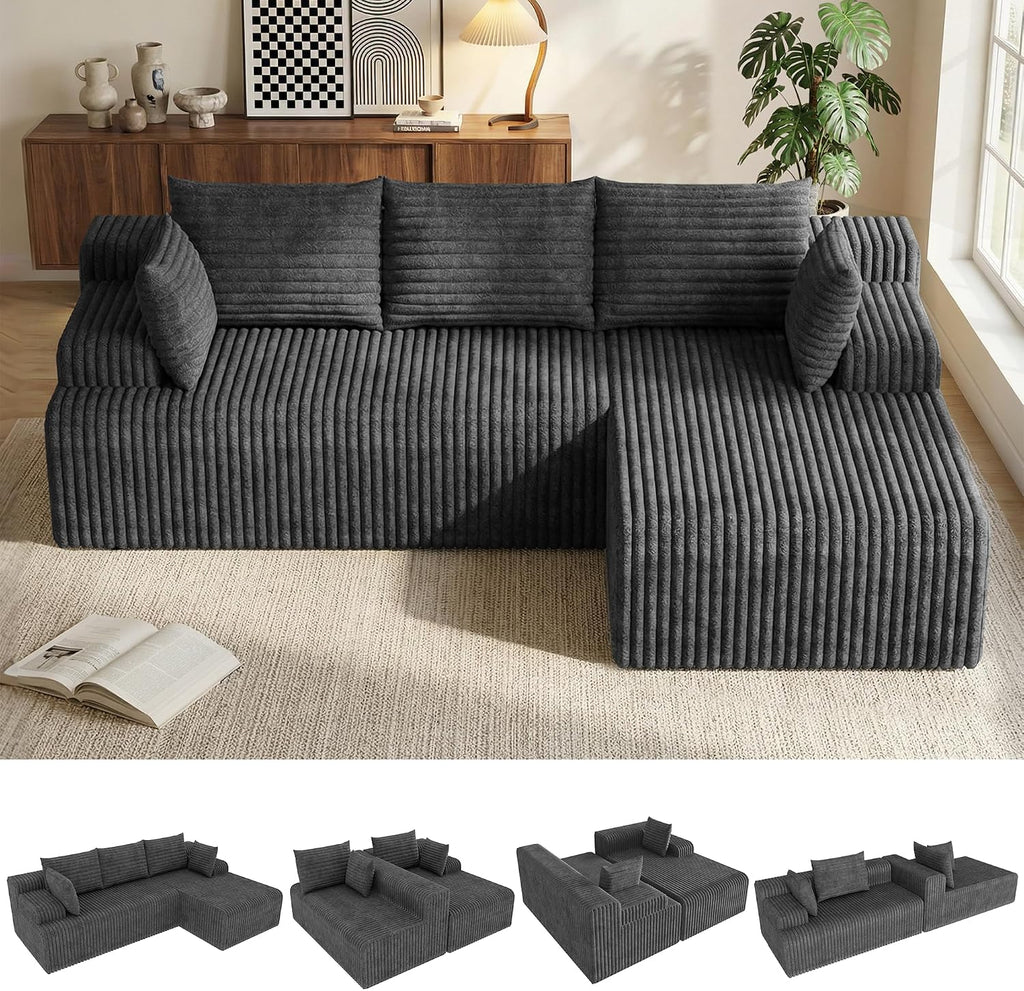 2026 New Boneless Couch, No Assembly Cloud Couch Sectional with Deep Seat & Chaise for Small Space, Upholstered Boneless Sectional Couch for Living Room, L Shaped Couch with Right Facing Chaise, Grey