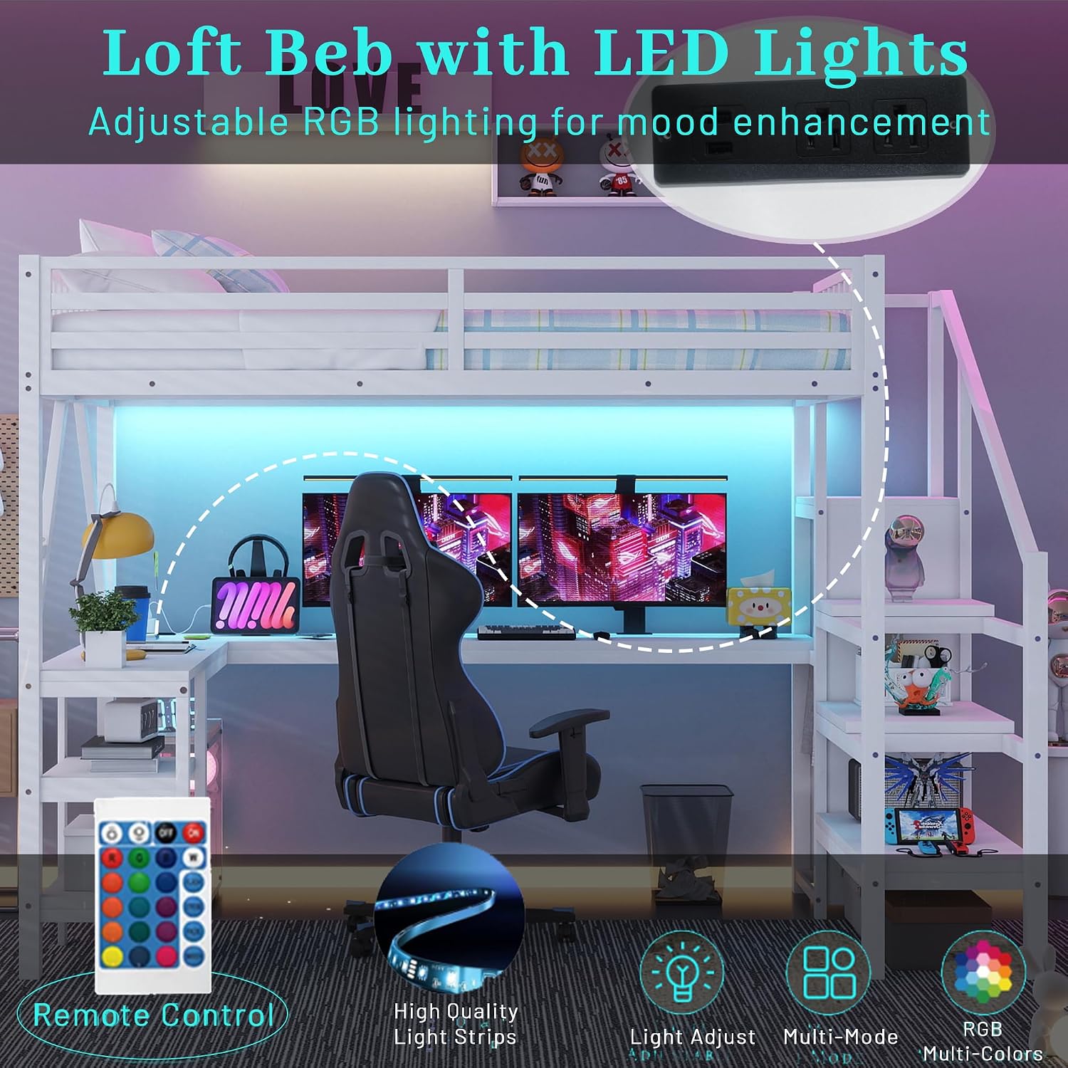 Full Size Loft Bed with Stairs and Desk, Gaming Loft Beds with RGB LED Light and Storage Shelf, Heavy-Duty Metal Loft Bed Frame with Wardrobe, Charging Port for Kids Teens, White