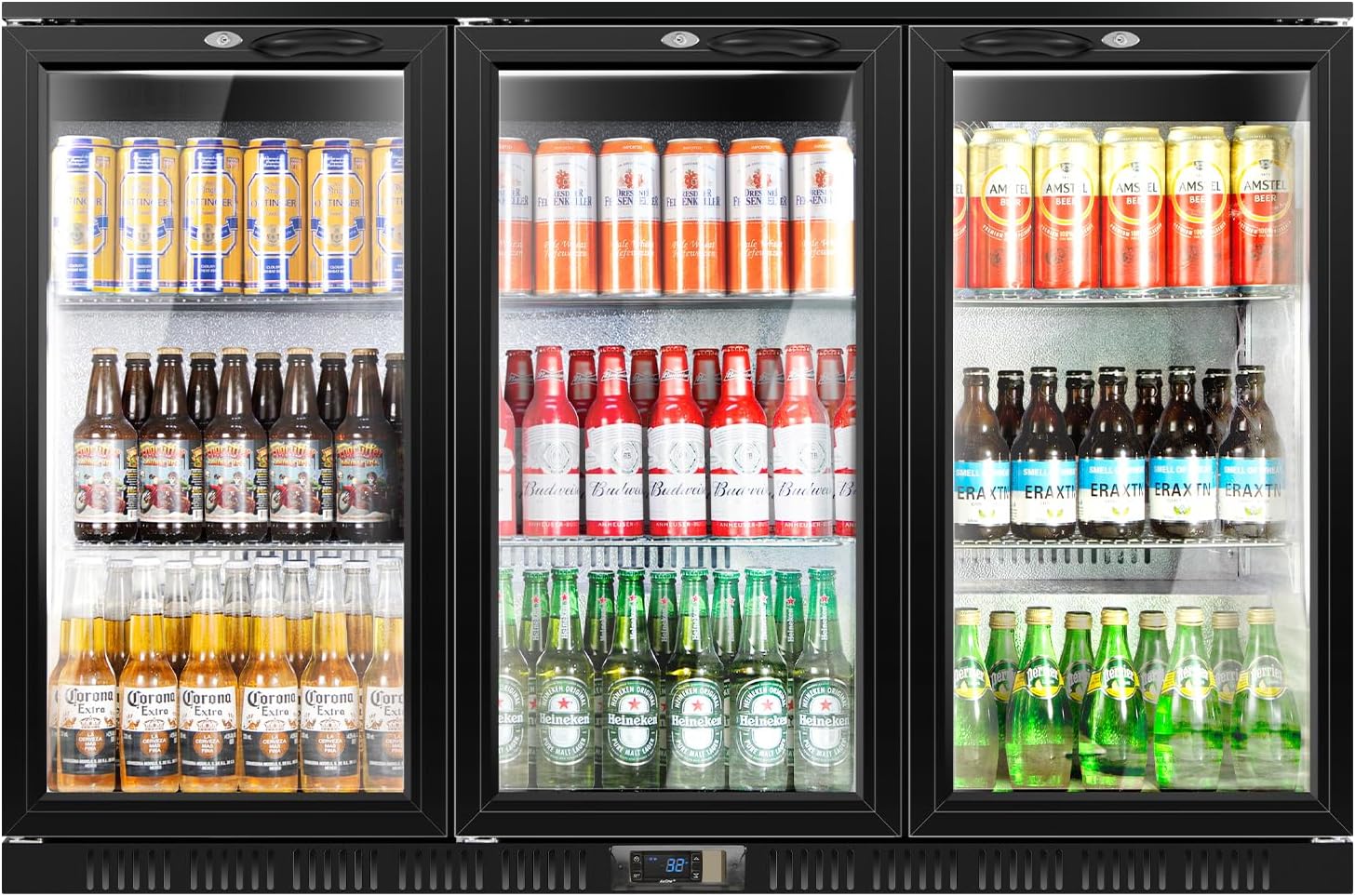 Tylza Back Bar Cooler With 3 Glass Doors, 312L Under Counter Back Bar Refrigerator with LED Lighting, Safety Locks, Counter Height Bar Beverage Cooler for Beer, Soda Drinks, Wine, Black
