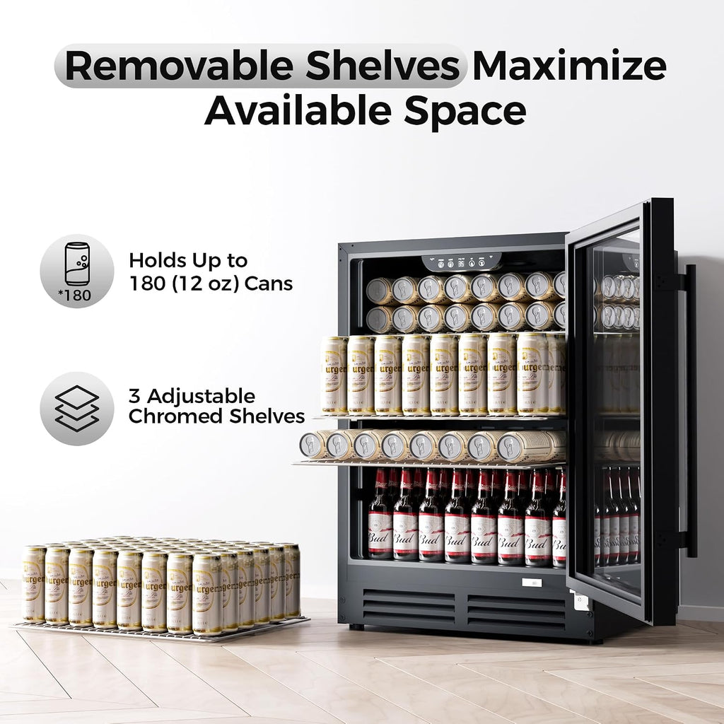 Coolake 24 Inch Wide Under Counter Beverage Refrigerator, 180 Can Capacity Beverage Cooler with Glass Door, Built in or Freestanding, Drink Fridge for Basement, Kitchen, Office