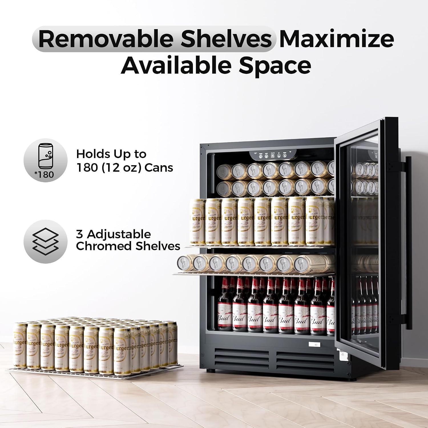 Coolake 24 Inch Wide Under Counter Beverage Refrigerator, 180 Can Capacity Beverage Cooler with Glass Door, Built in or Freestanding, Drink Fridge for Basement, Kitchen, Office